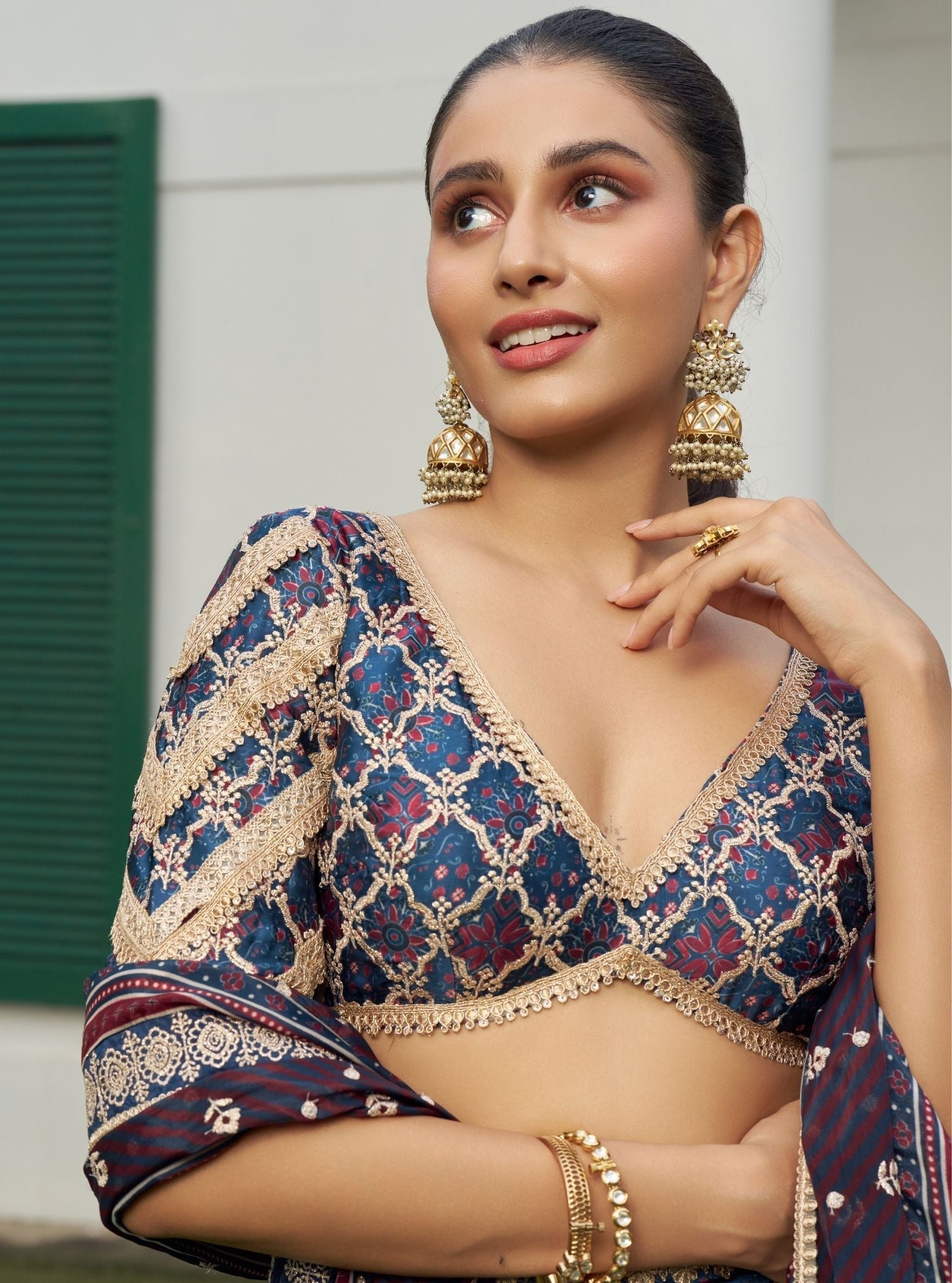 Taal Cupro Satin Navy Ajrakh Print Lehenga