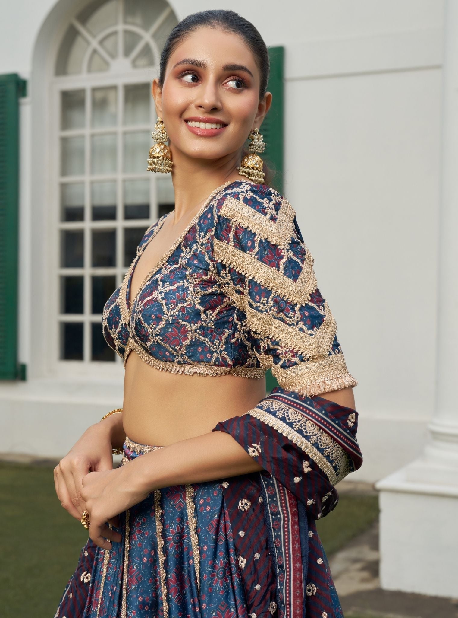 Taal Cupro Satin Navy Ajrakh Print Lehenga