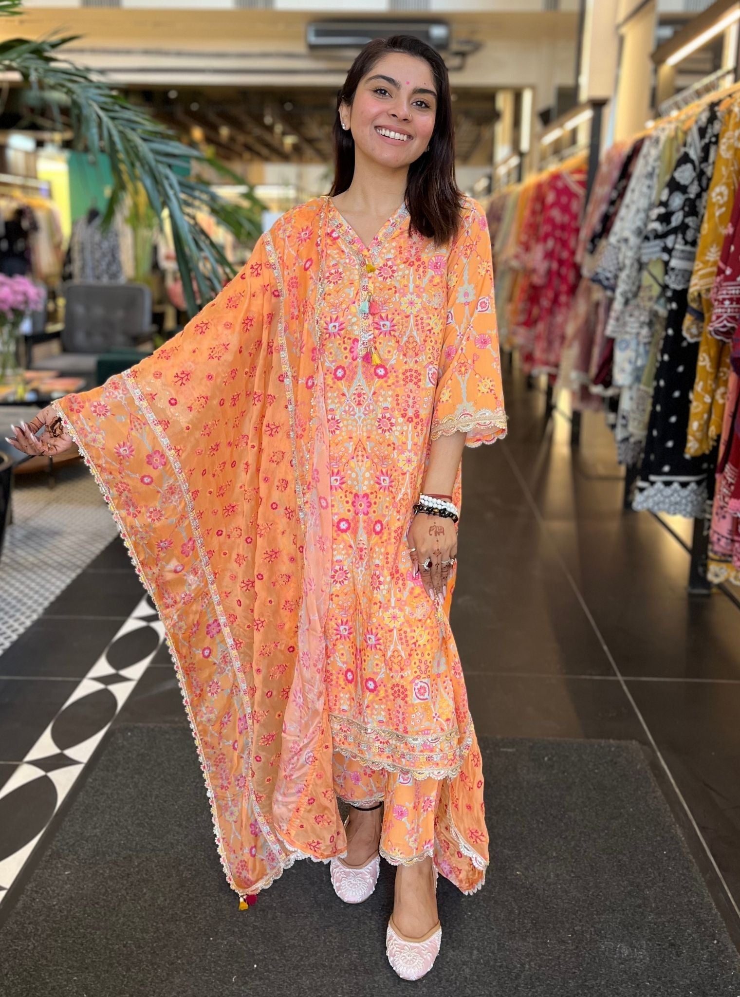 Florie Supima Cotton Printed Orange Kurta Set