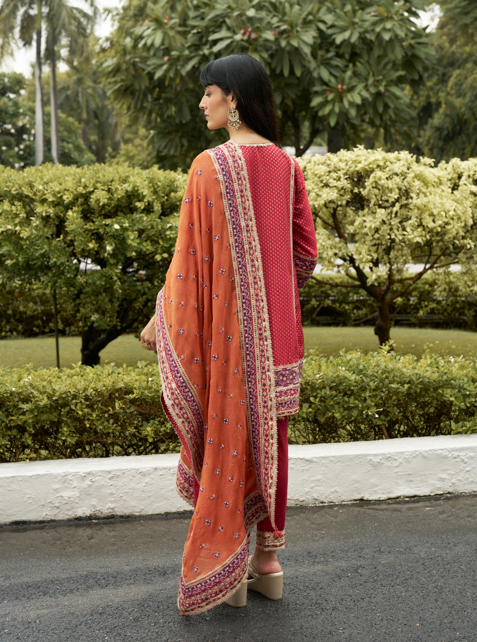 Utsavi Red Banarsi Kurta With Farshi Salwar