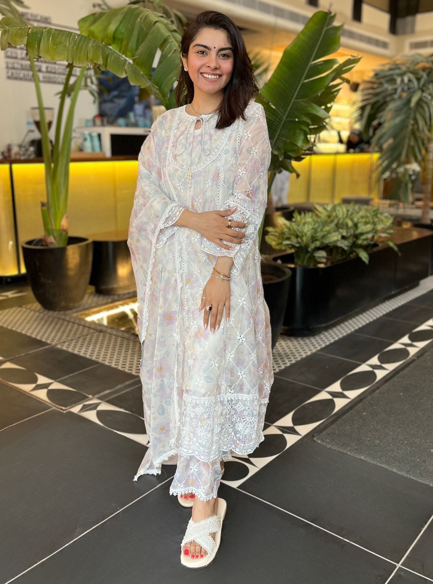 Idika Organza Printed White Anarkali Kurta Set