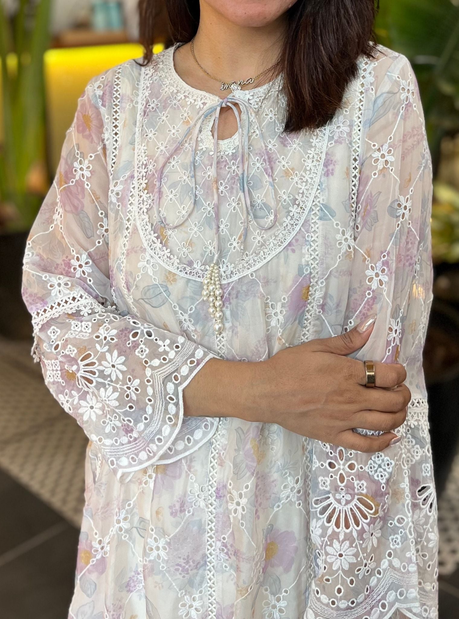 Idika Organza Printed White Anarkali Kurta Set