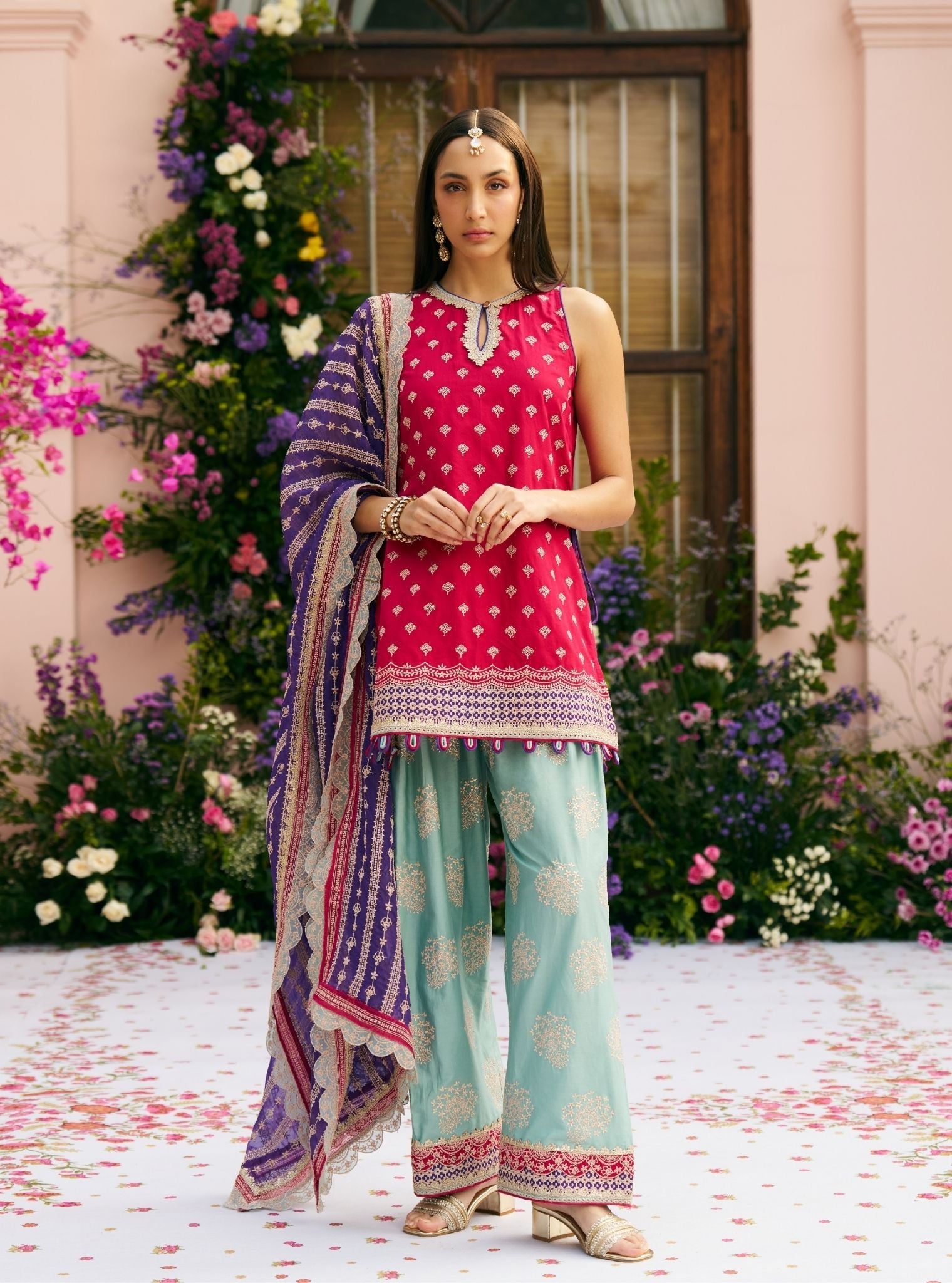 Sugandh Pima Satin Fuchsia Kurta With Farshi Salwar