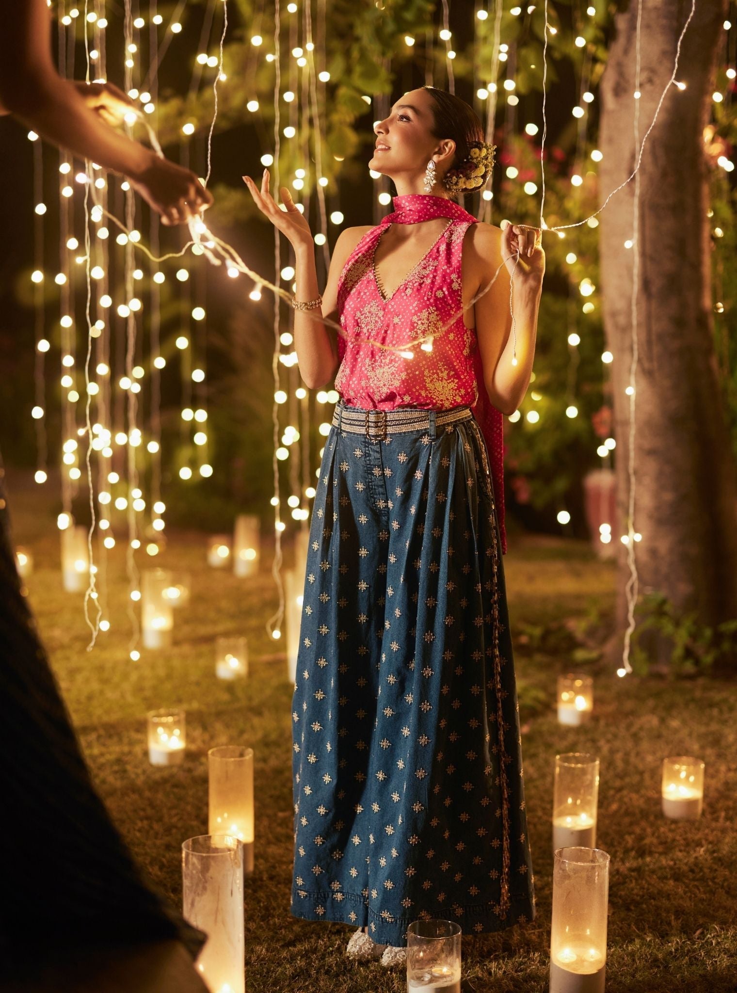 Sajhvi Cupro Satin Fuchsia Top & Denim Pleated Pant