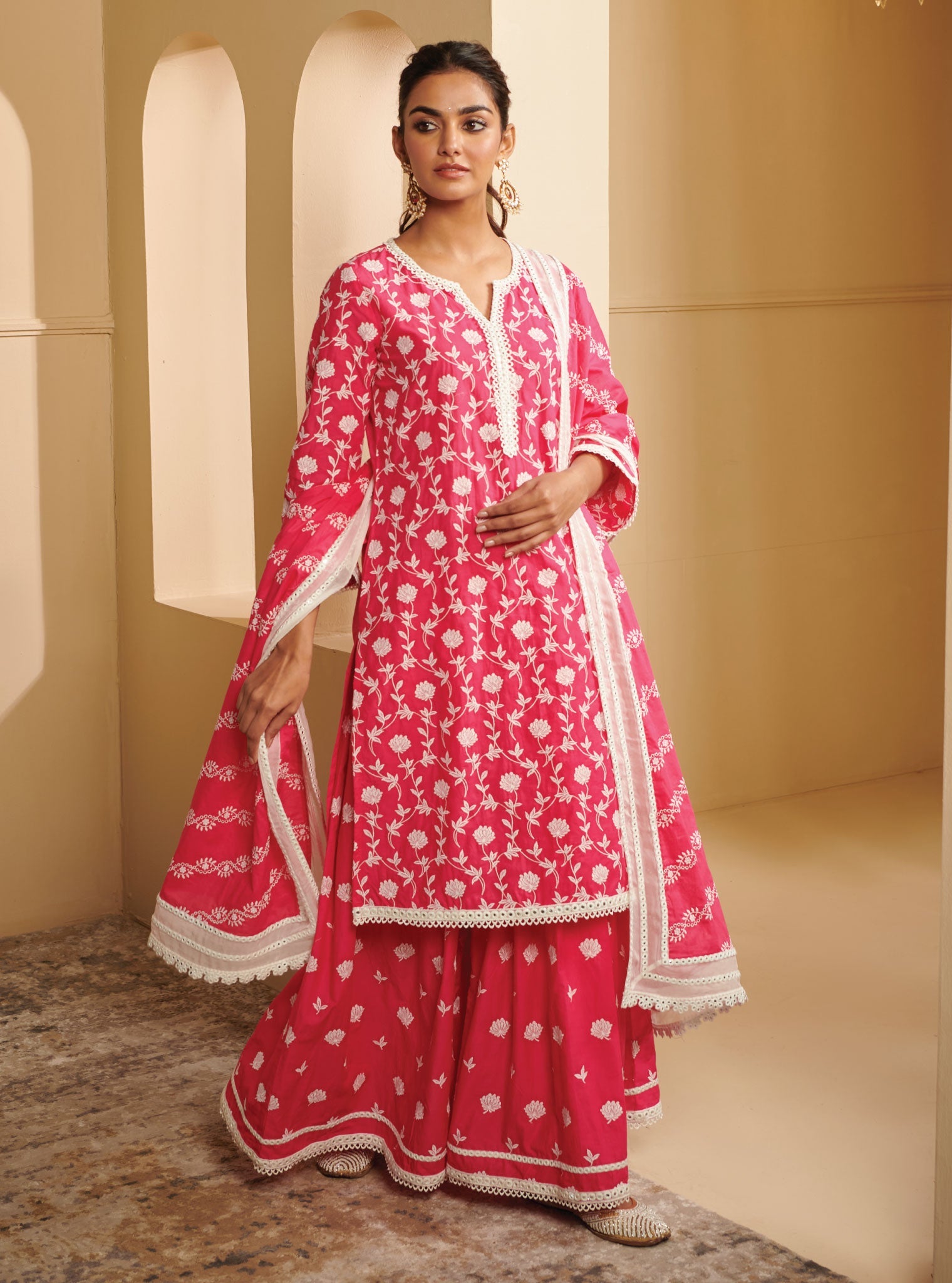 Renisa Supima Cotton Pink Kurta with Skirt Set