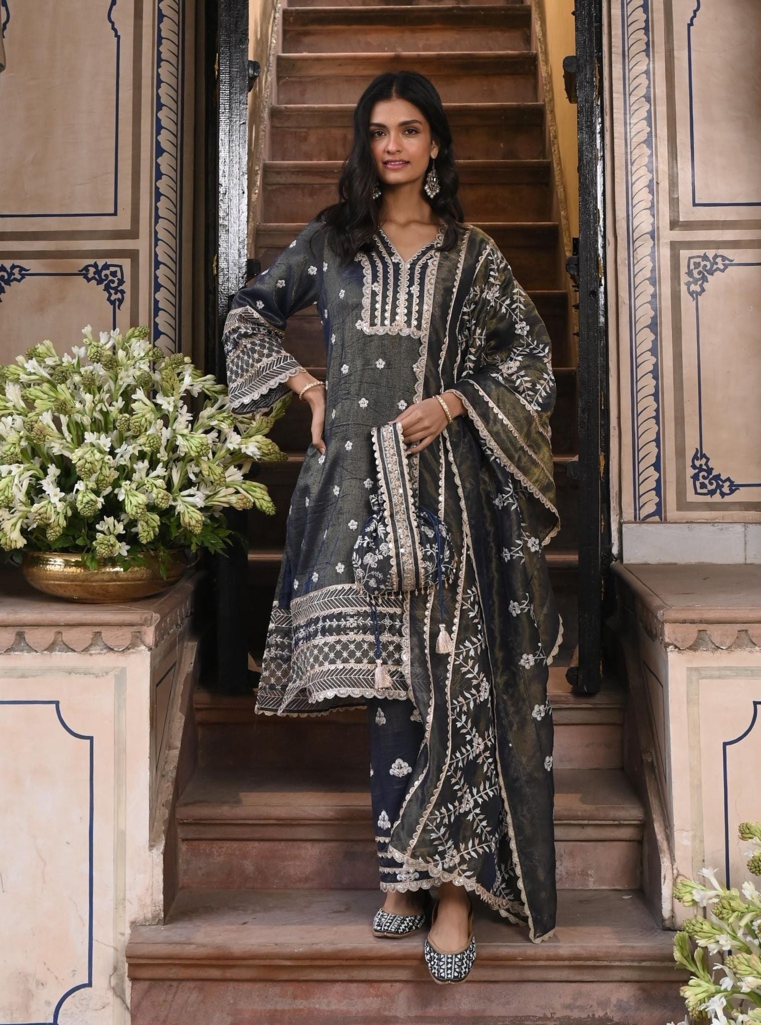 Sajni Luxe Tissue Satin Navy Kurta Set