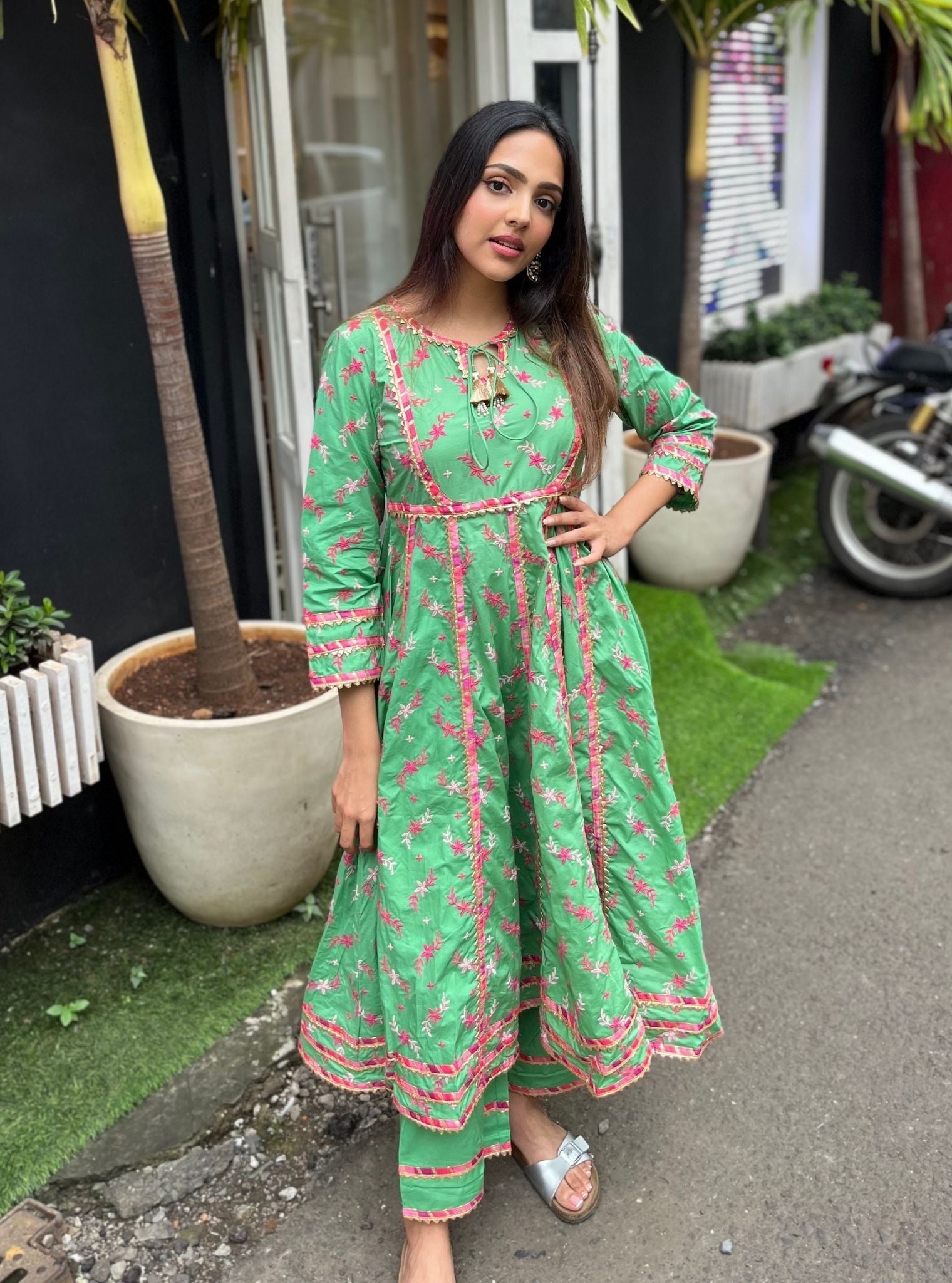 Melenia Supima Cotton Green Anarkali Kurta Set