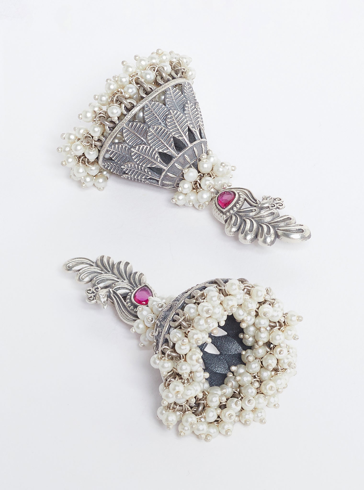 Pure Silver Peacock tribal leaf jhumka