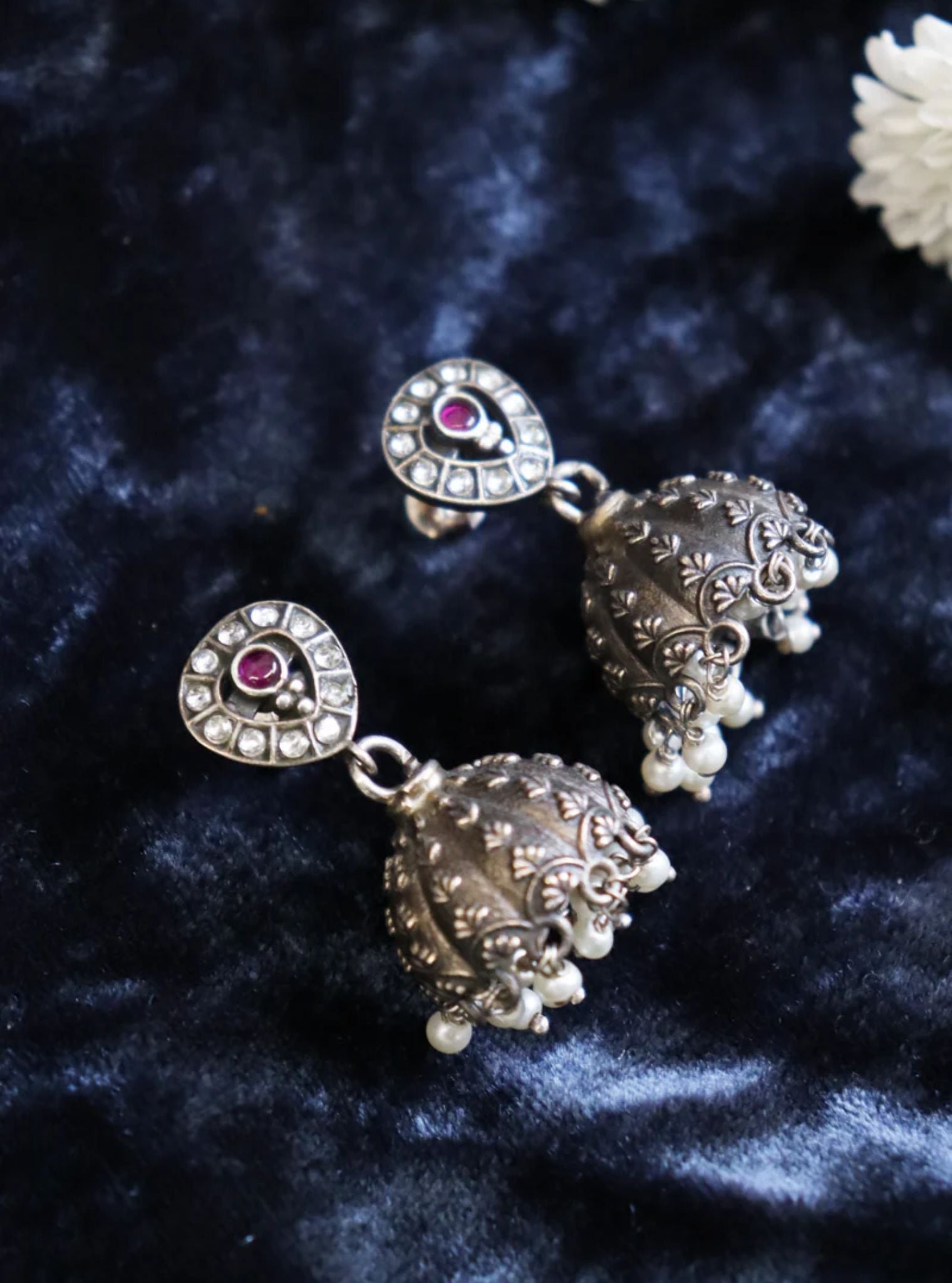 Pure Silver Pink Stone Tribal Jhumka