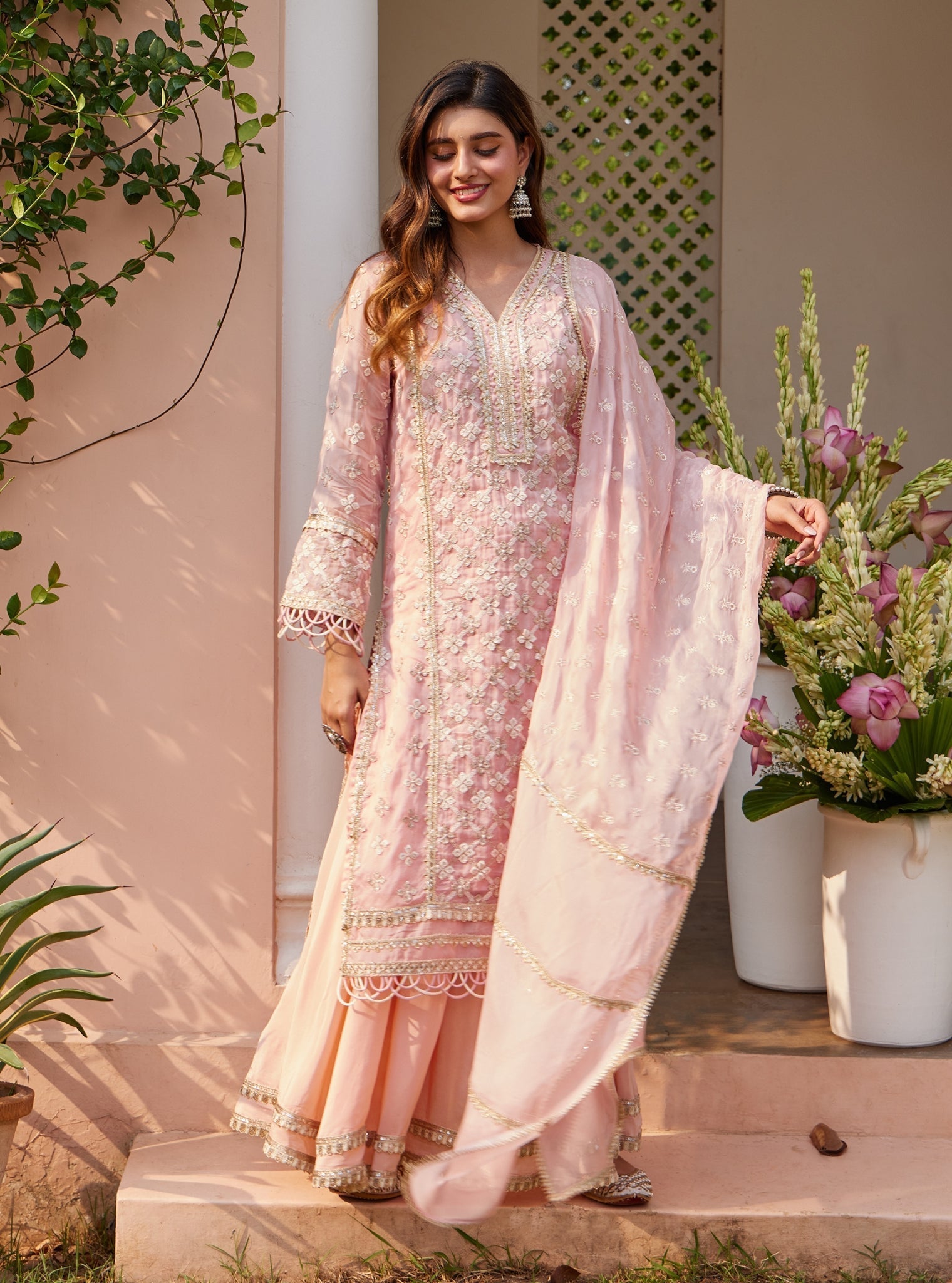 Citra Organza Pink Kurta with Skirt Set