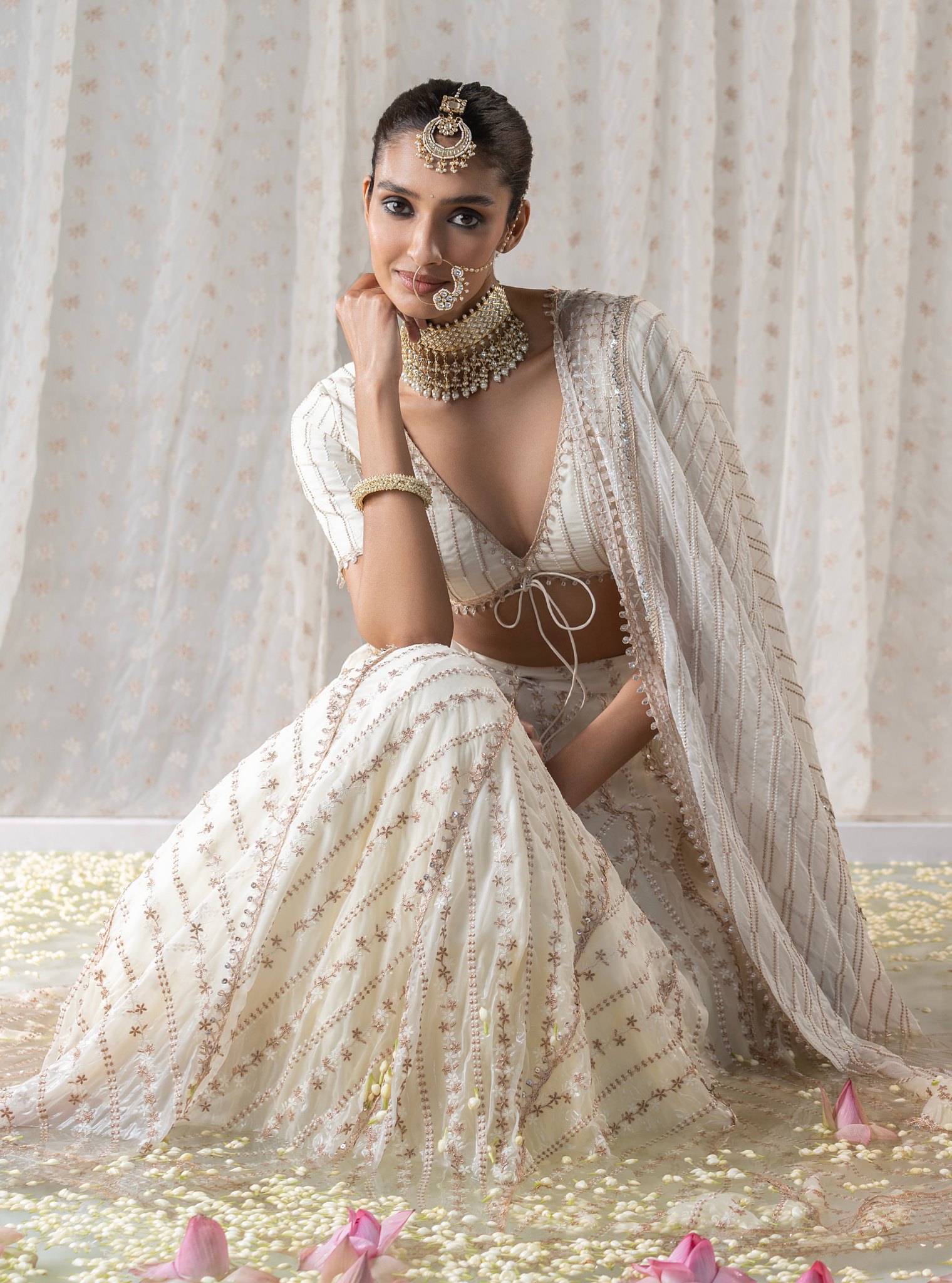 Gulmohar Organza Off White Lehenga