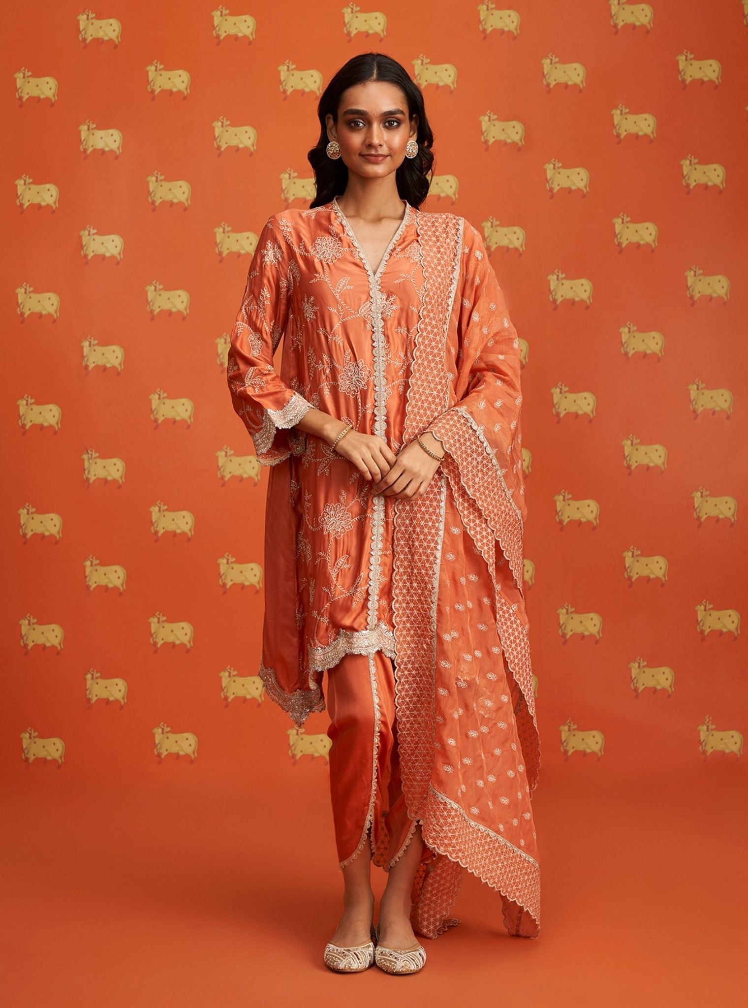 Yihwa Cupro Satin Burnt Orange Kurta Set