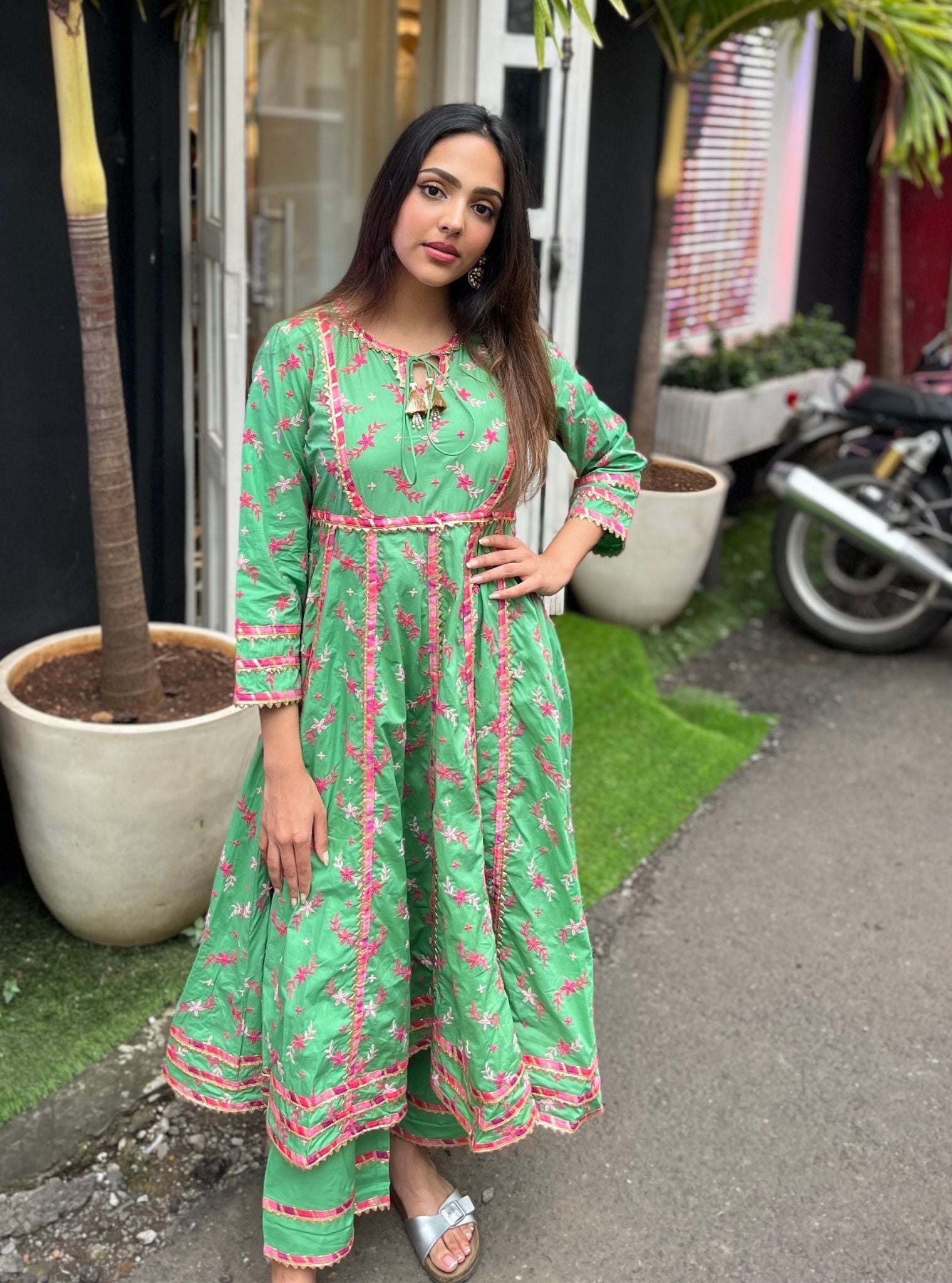 Melenia Supima Cotton Green Anarkali Kurta Set