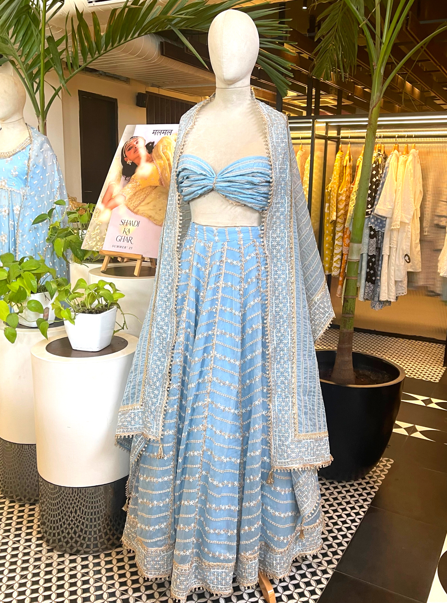 Gulmohar Organza Blue Lehenga