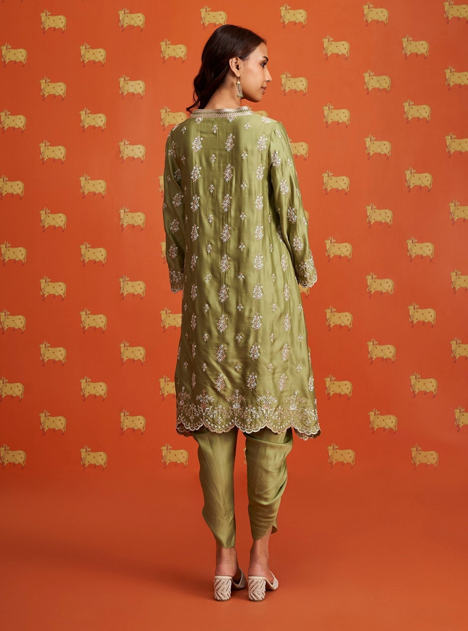 Callaia Cupro Satin Moss Green Kurta Set