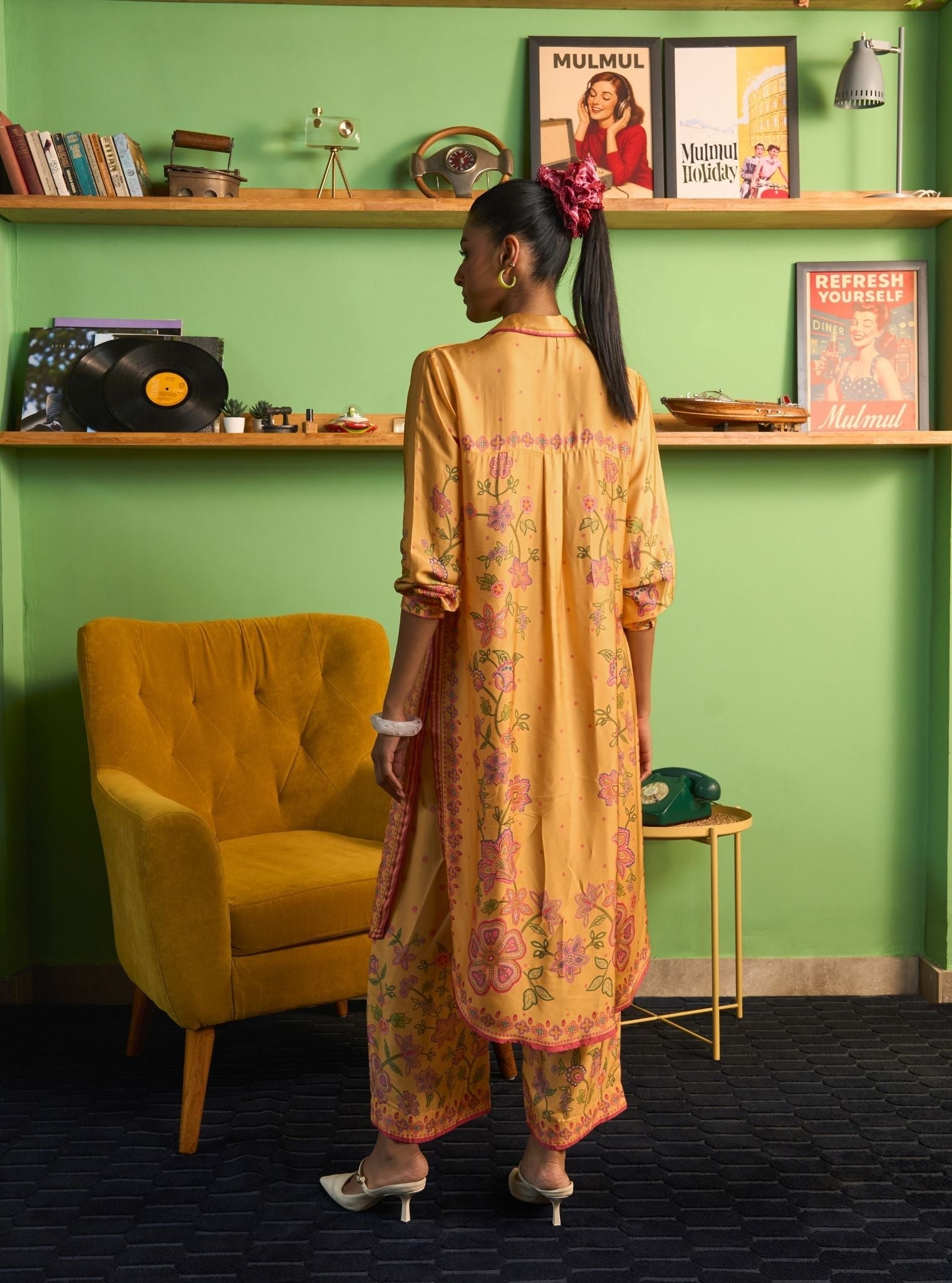Mrina Cupro Satin Mustard Long Shirt Co-ord Set