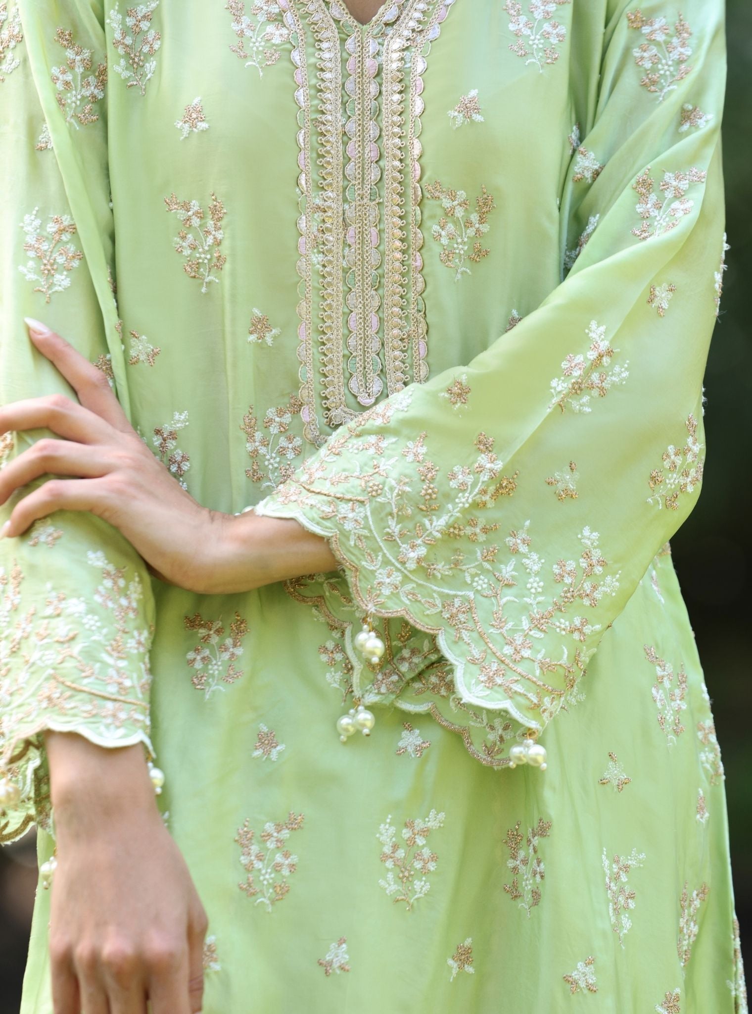 Mangalam Cupro Satin Green Kurta Set