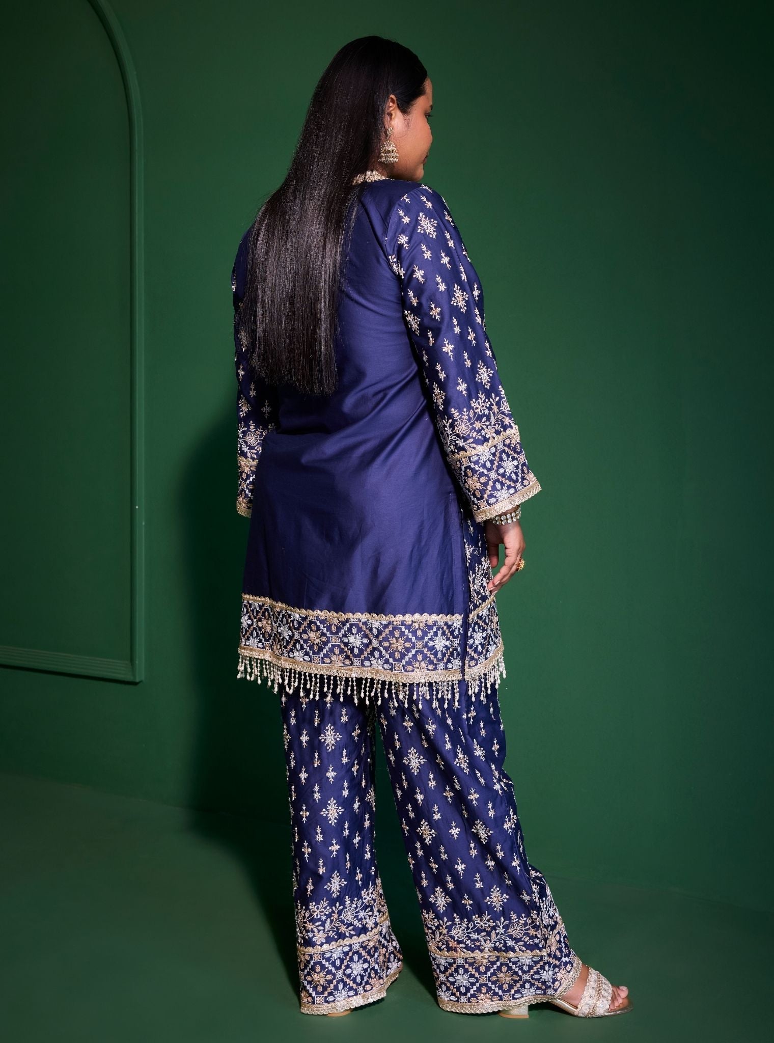 Kalander Pima Satin Navy Kurta Set