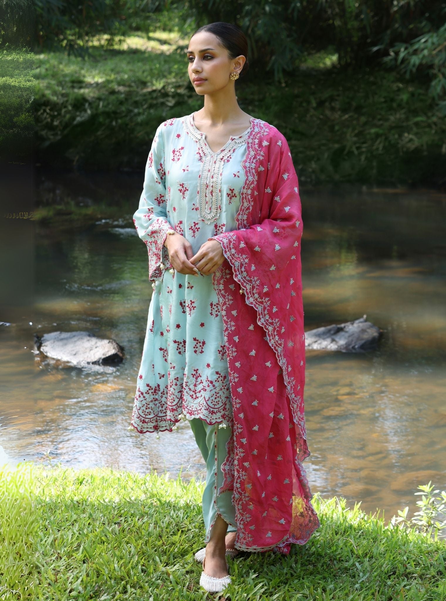 Mangalam Cupro Satin Blue Kurta Set