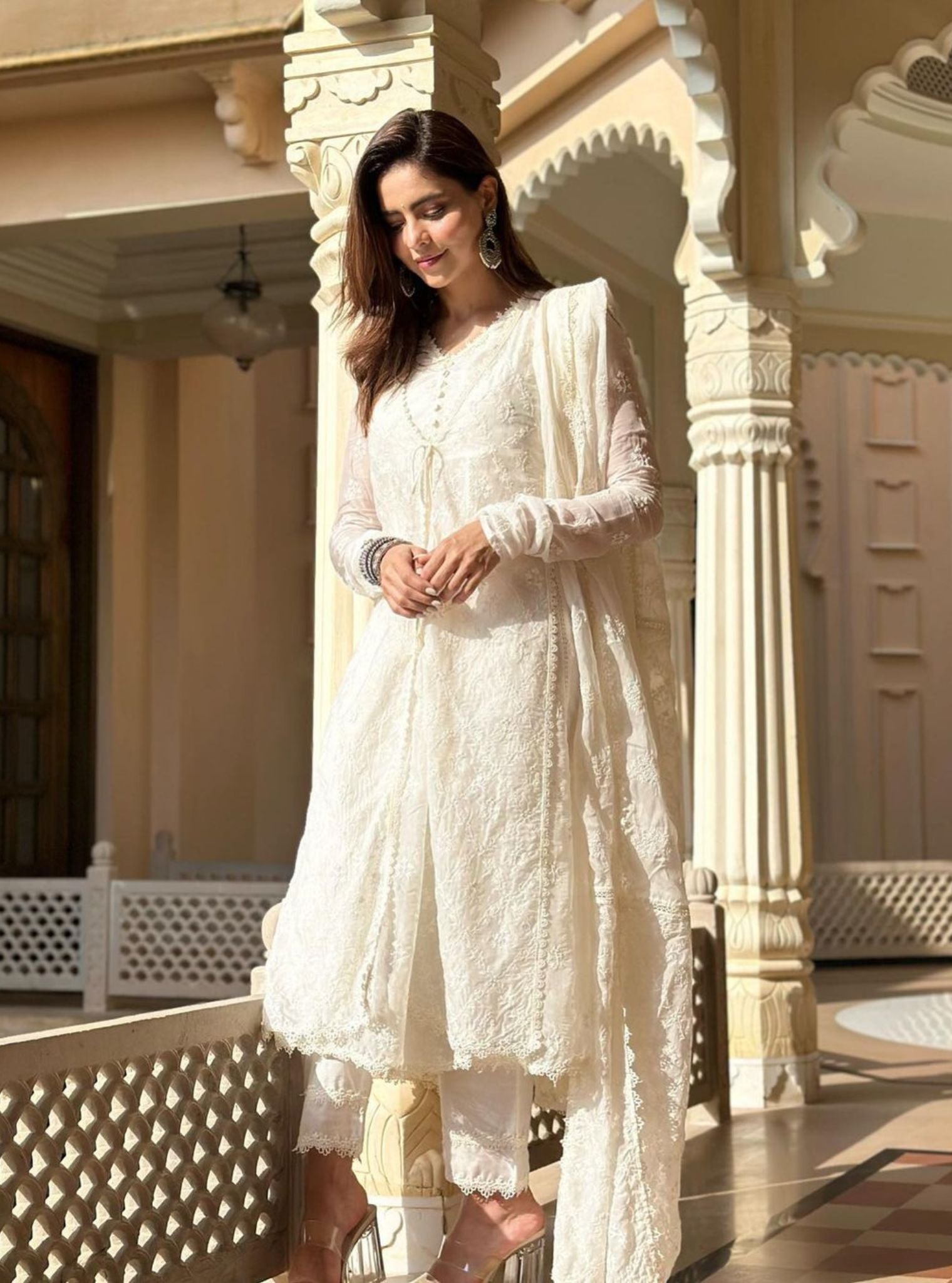 Essex Organza Off White Anarkali Kurta Set