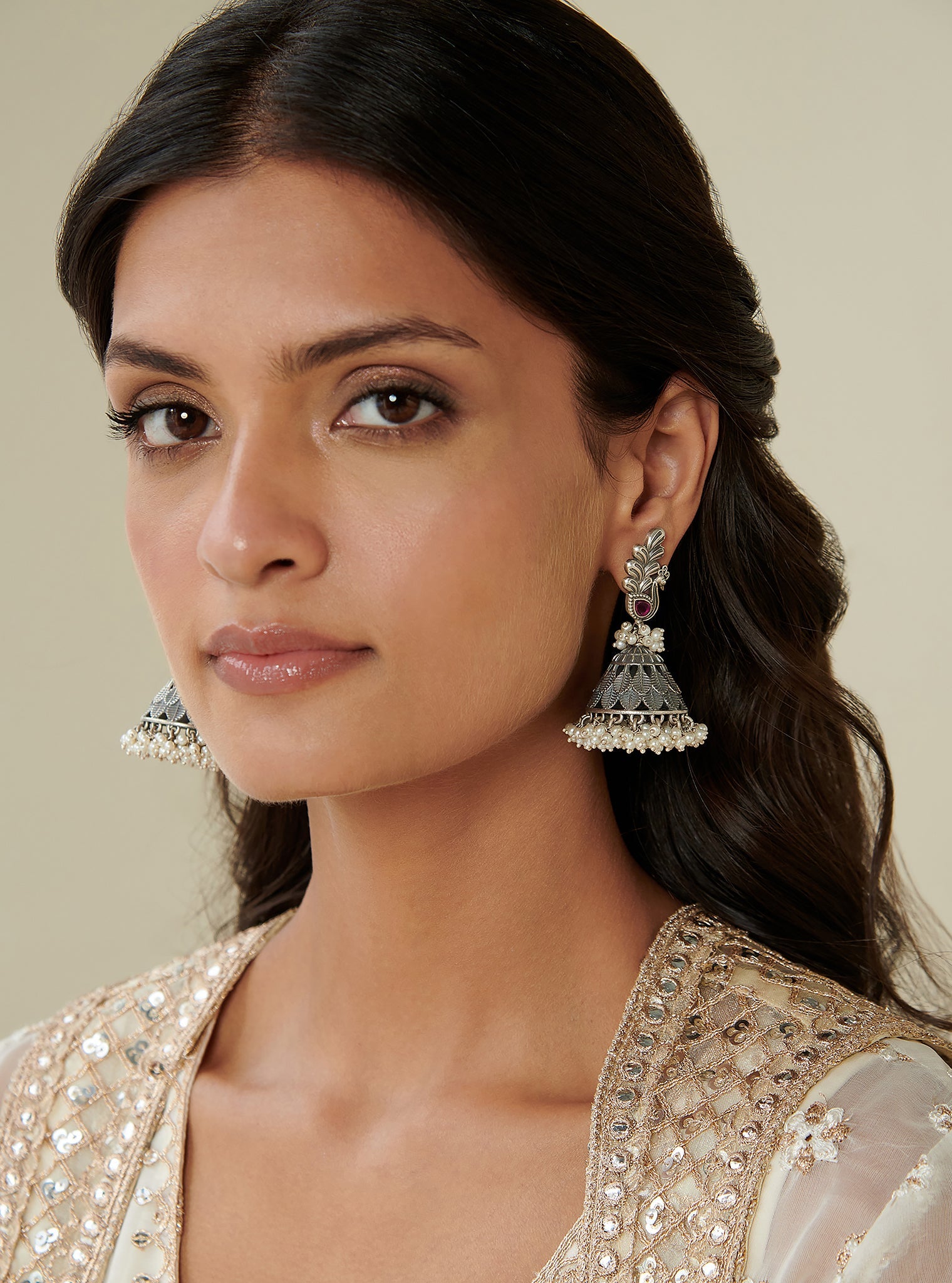 Pure Silver Peacock tribal leaf jhumka