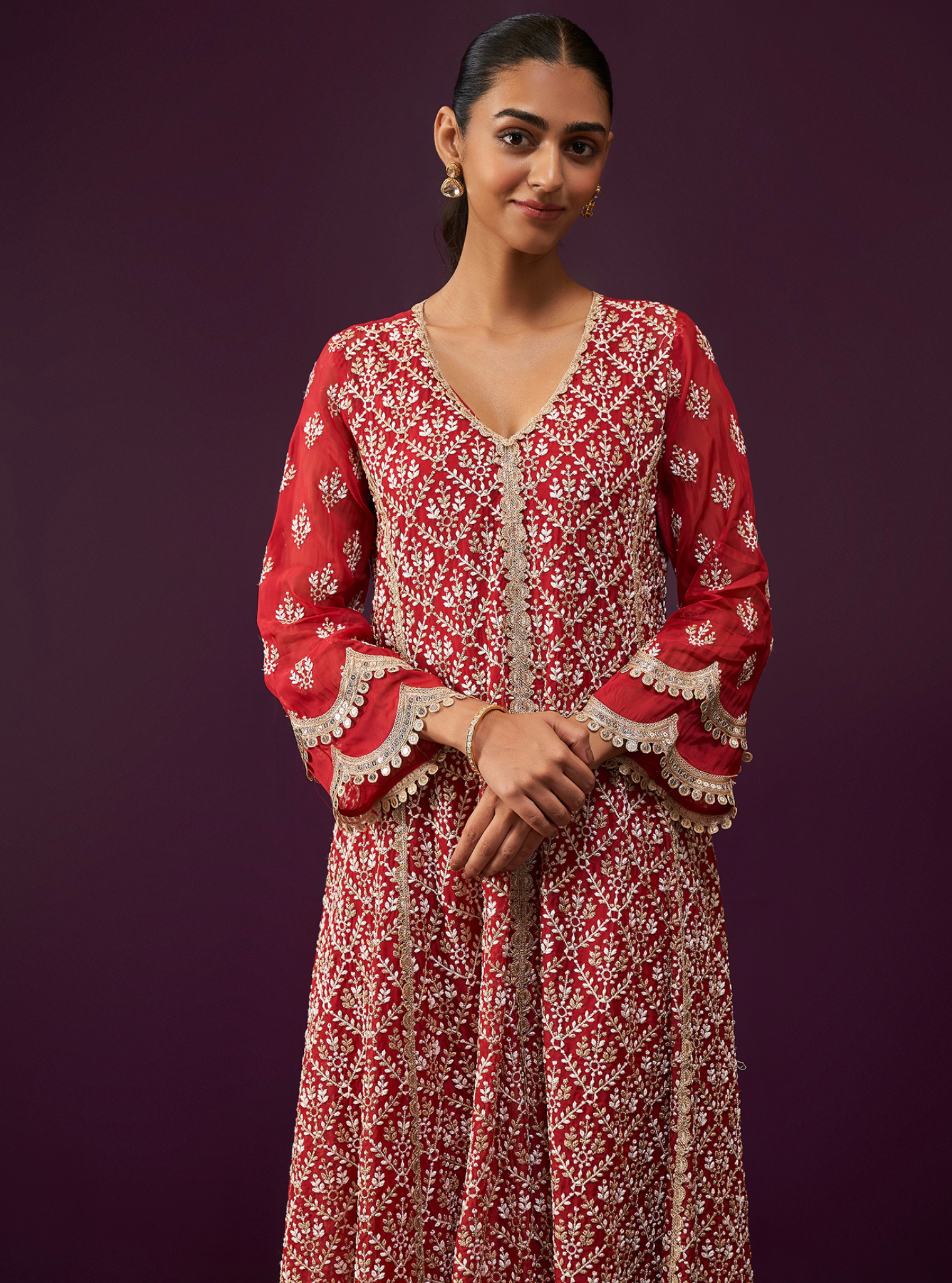 Kwanjal Organza Red Kurta Set