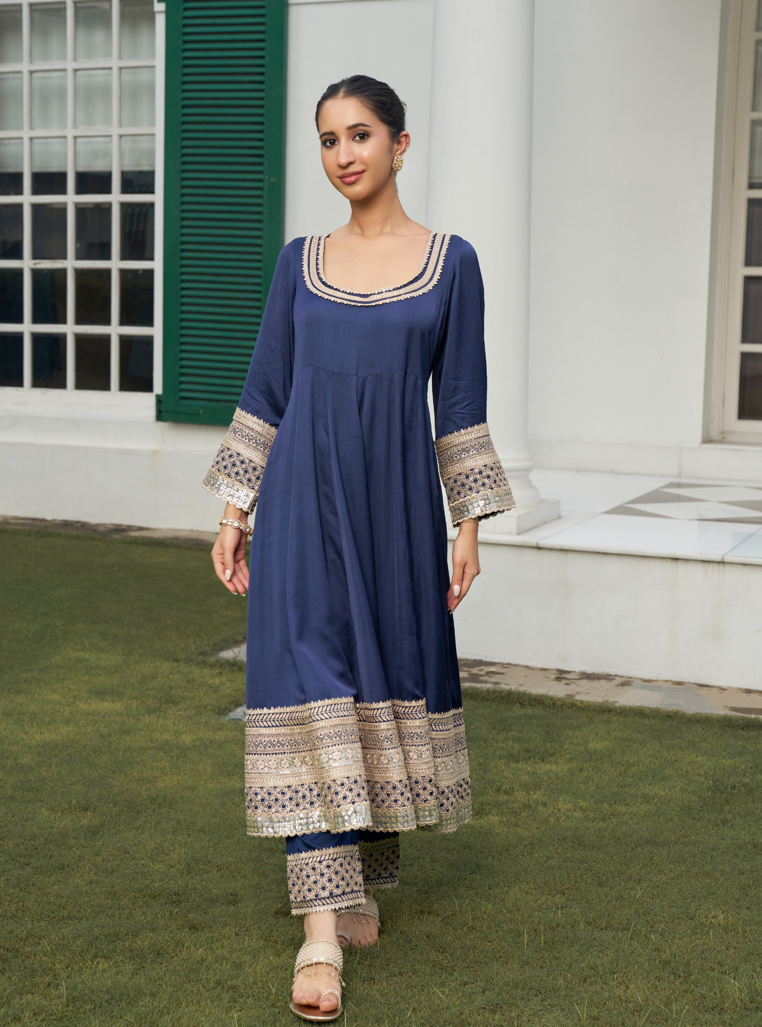 Mausami Navy Linen Satin Anarkali Kurta Set