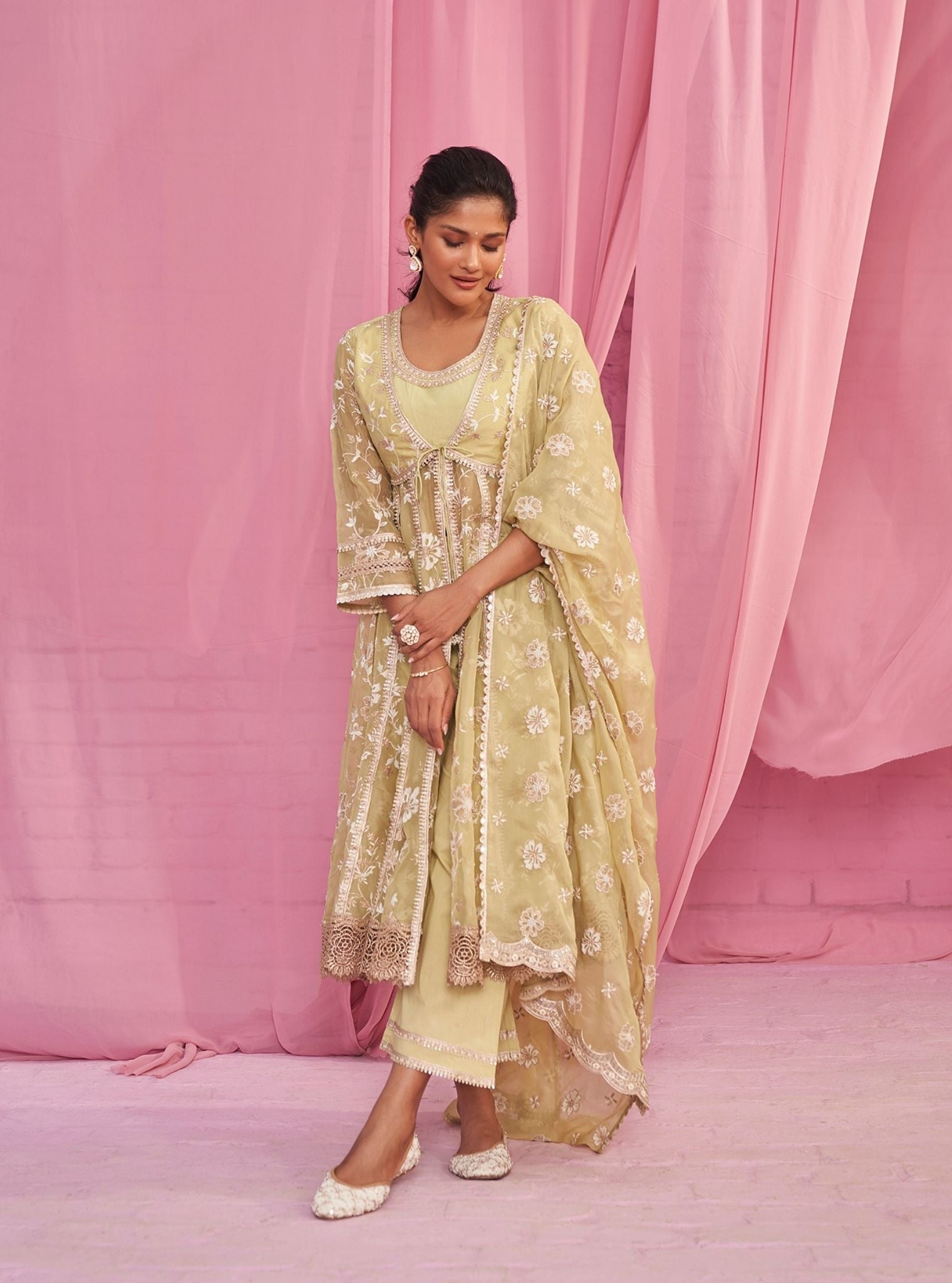 Sharvi Organza Lime Green Anarkali Kurta Set