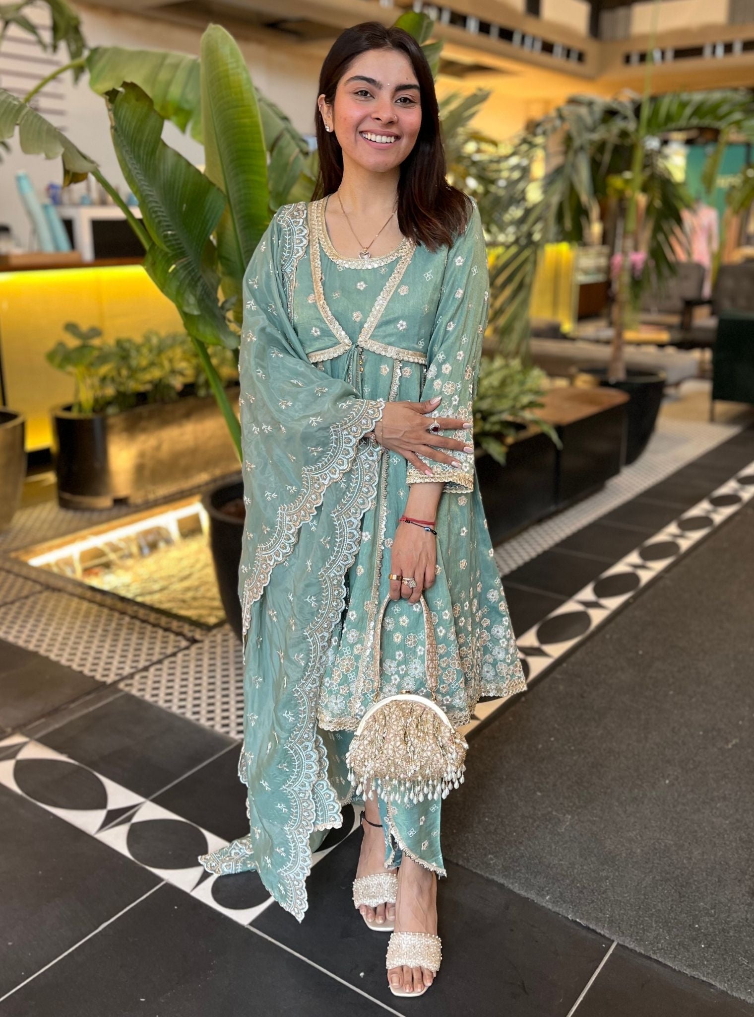 Sajeya Tissue Satin Teal Blue Anarkali Kurta Set