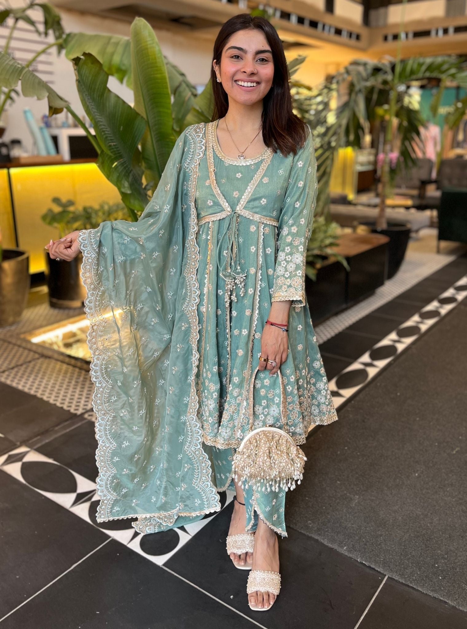 Sajeya Tissue Satin Teal Blue Anarkali Kurta Set
