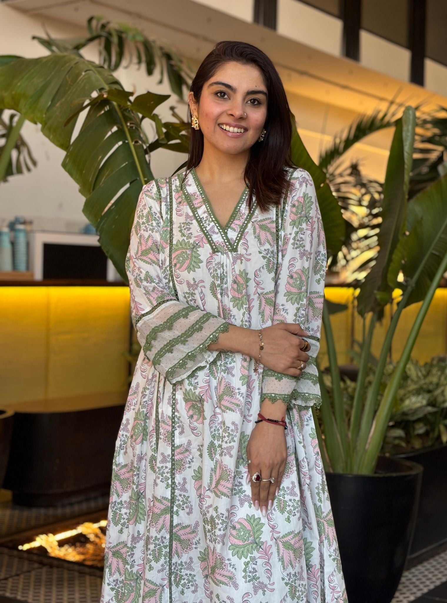 Bellamy Supima Cotton Printed Green Kurta Set