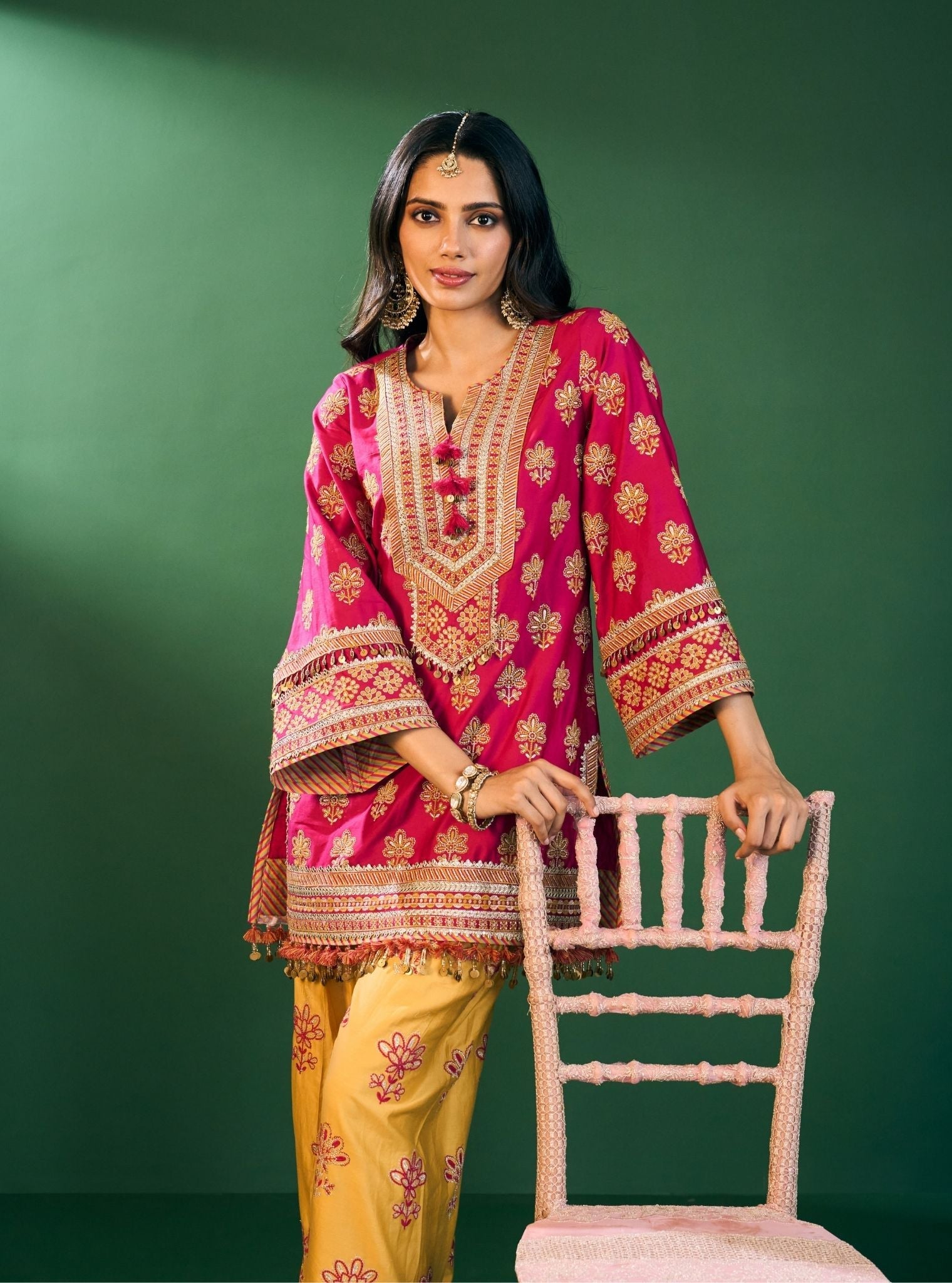 Lani Pima Satin Fuchsia Kurta With Mustard Pant