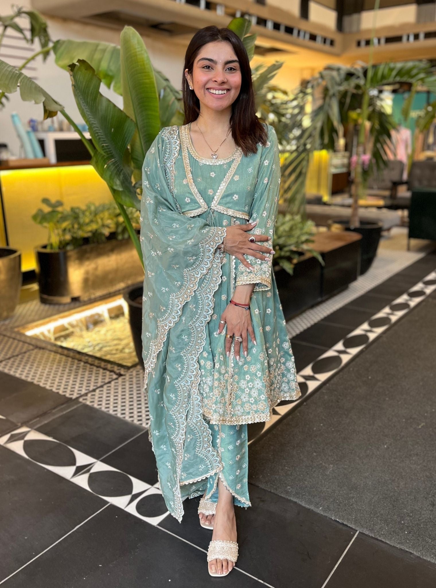 Sajeya Tissue Satin Teal Blue Anarkali Kurta Set