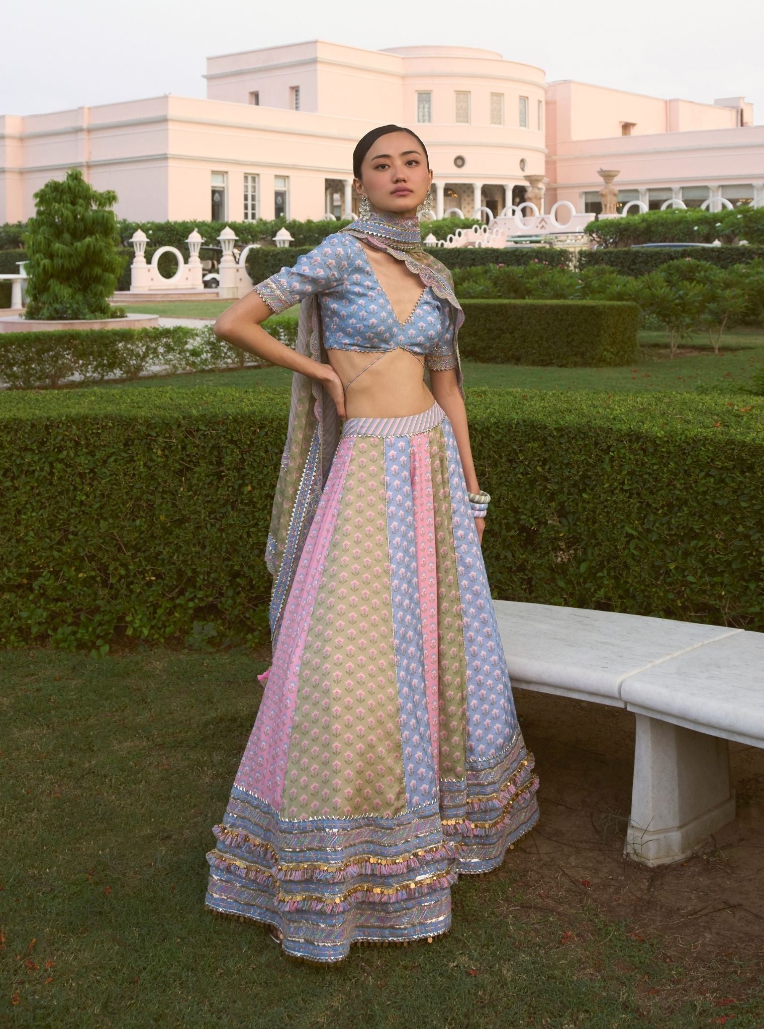 Indira Steel Blue Printed Lawn Lehenga Set