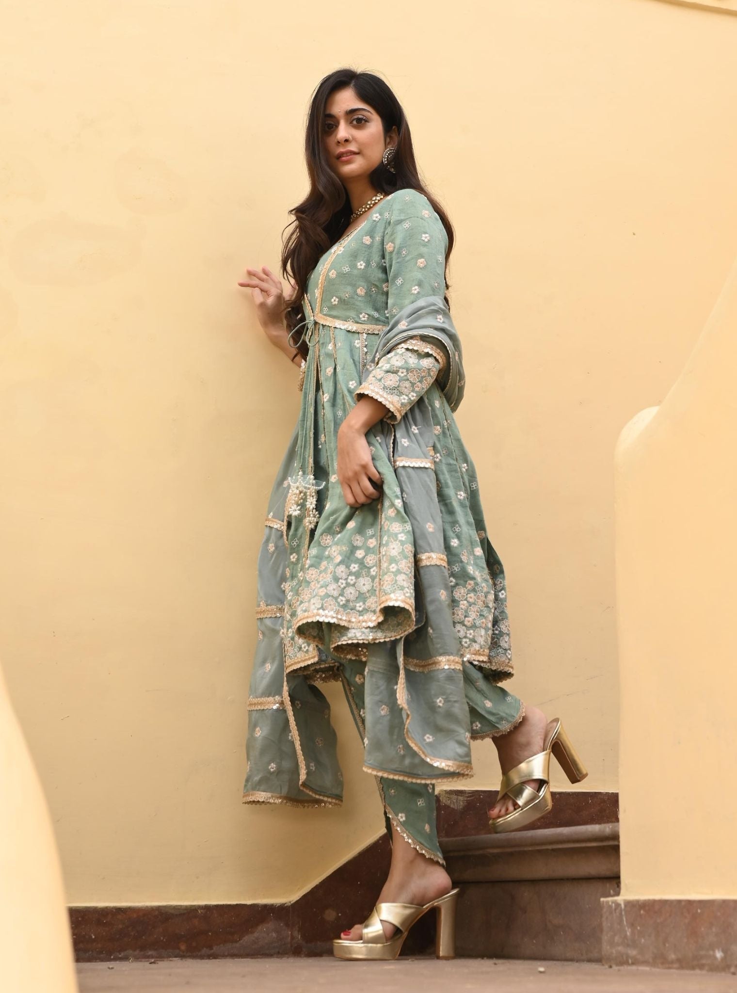 Sajeya Tissue Satin Teal Blue Anarkali Kurta Set