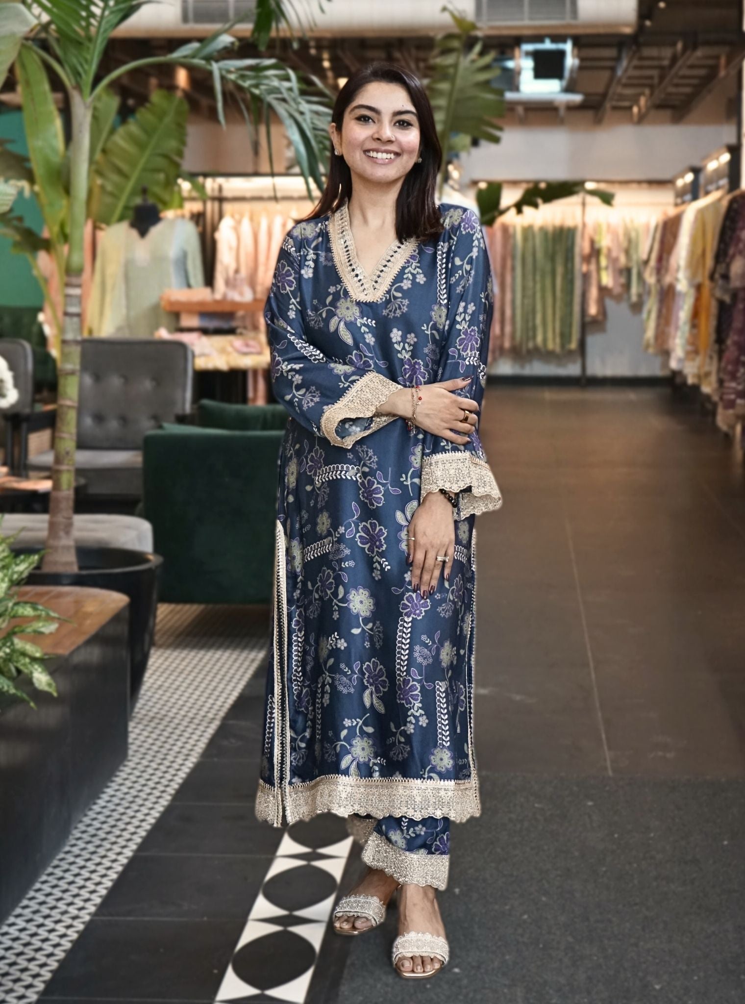 Berta Cupro Printed Navy Kurta Set