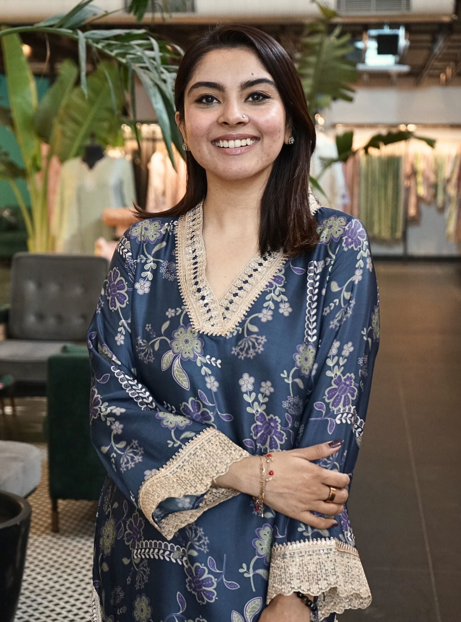 Berta Cupro Printed Navy Kurta Set