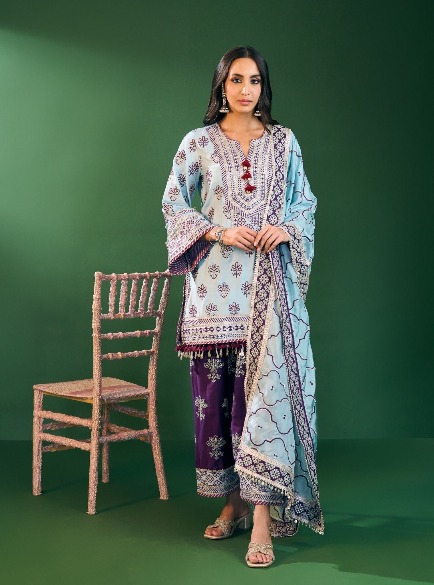 Lani Pima Satin Sky Blue Kurta With Farshi Salwar