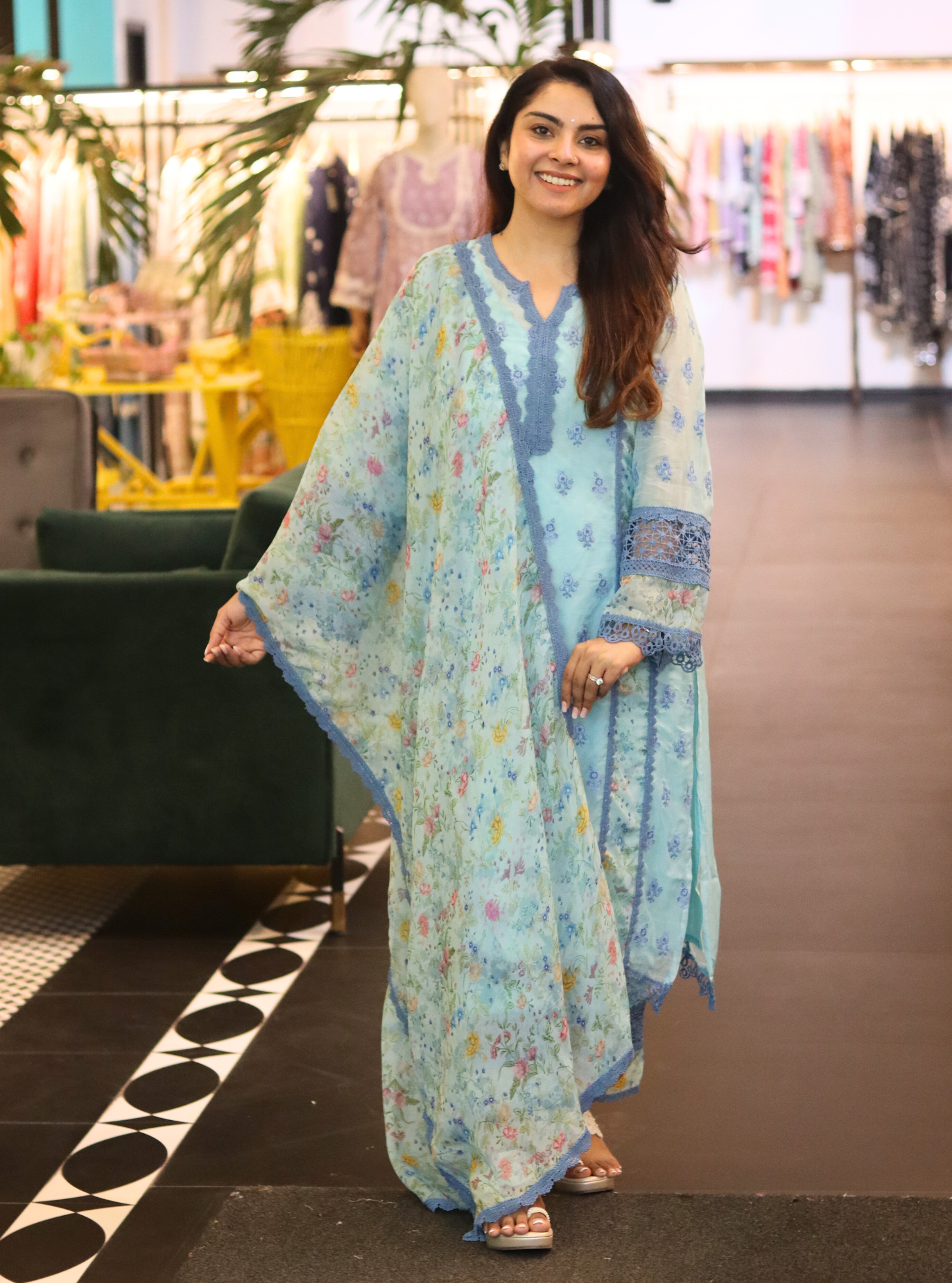 Alwen Organza Printed Blue Kurta Set