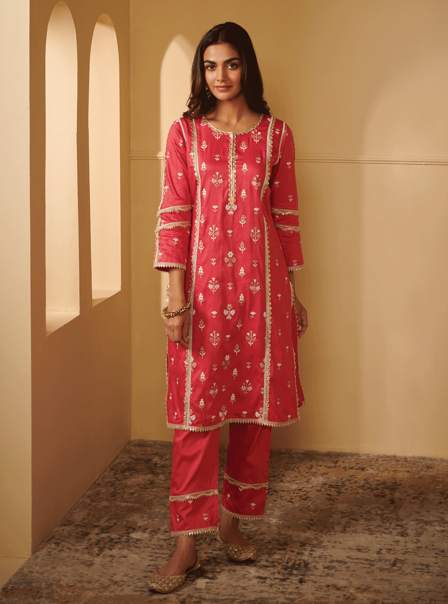 Kaveri Pima Satin Fuchsia Kurta Set
