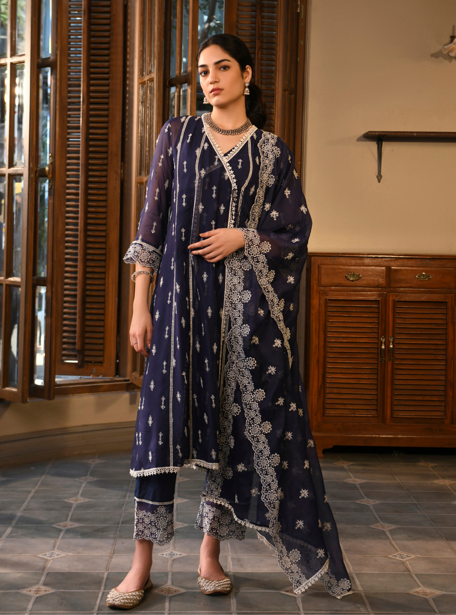 Vashti Organza Navy Anarkali Set
