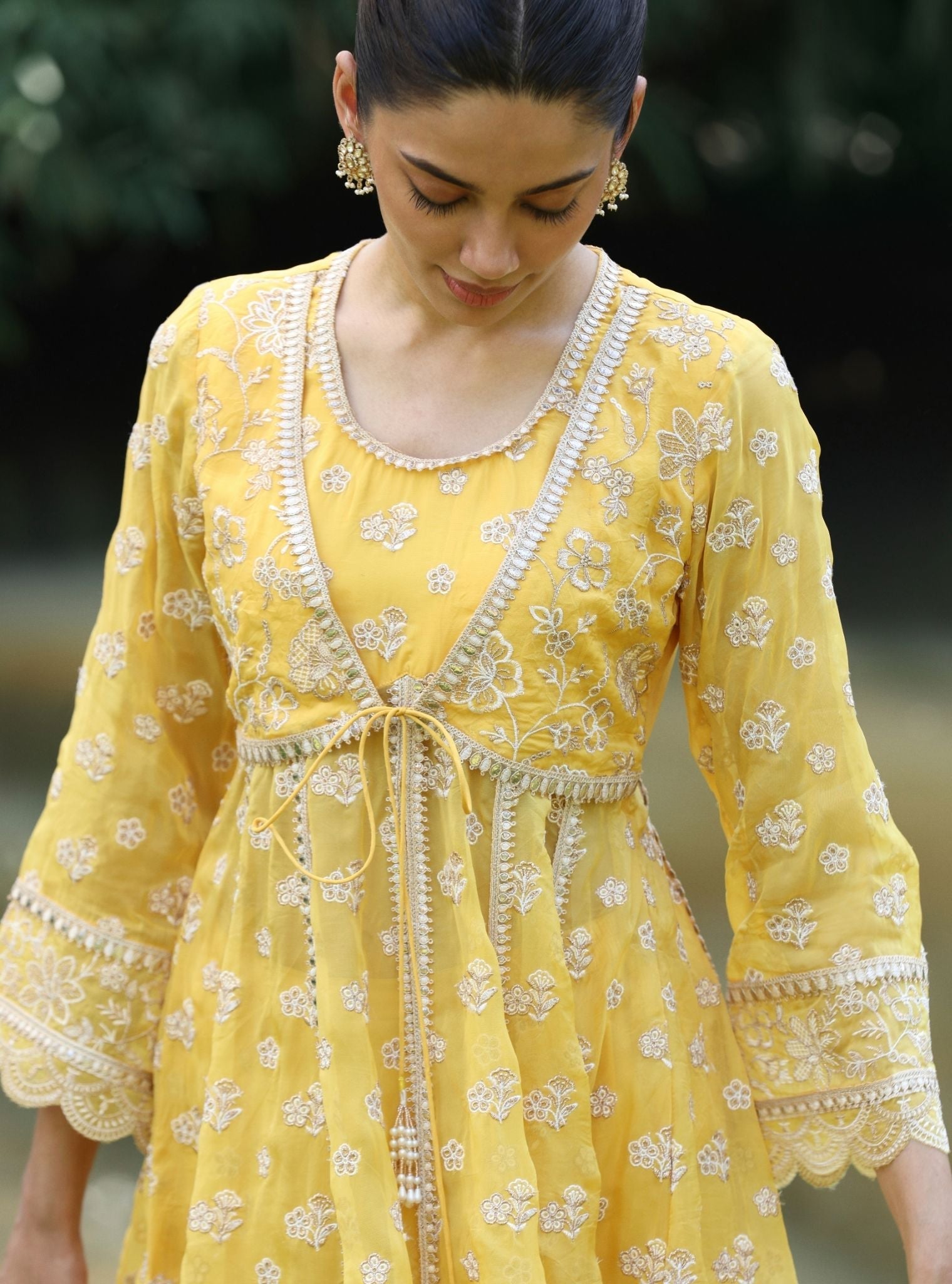 Gaatha Organza Yellow Short Anarkali Kurta Set