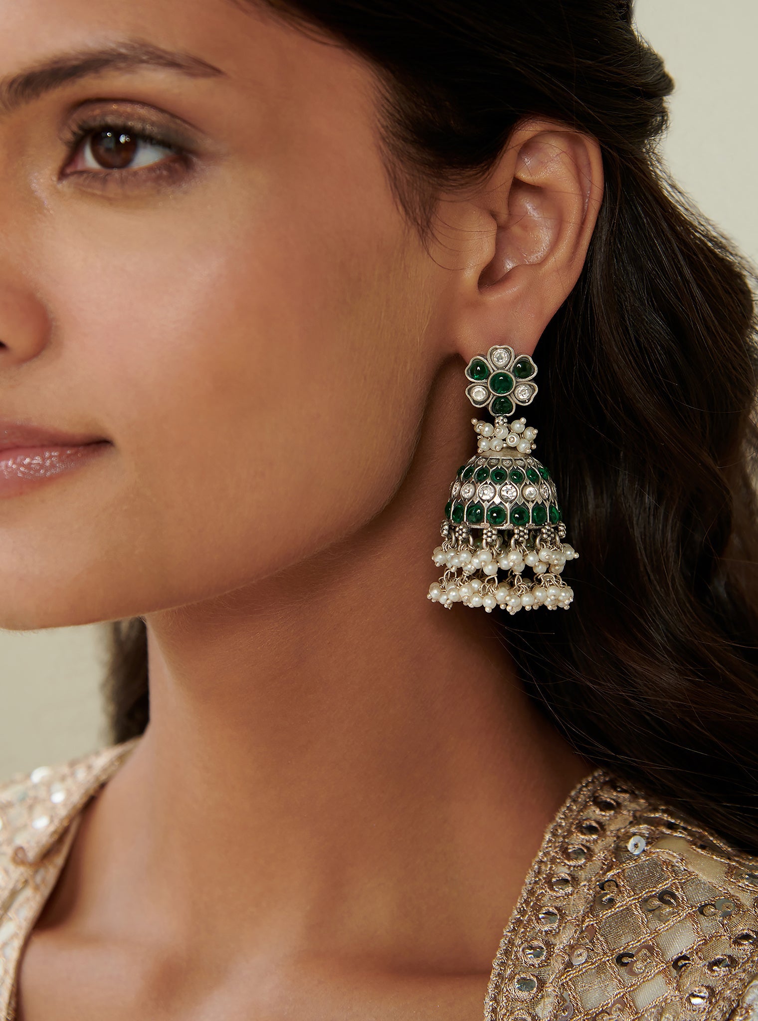 Pure Silver Dakshi Green Jhumka