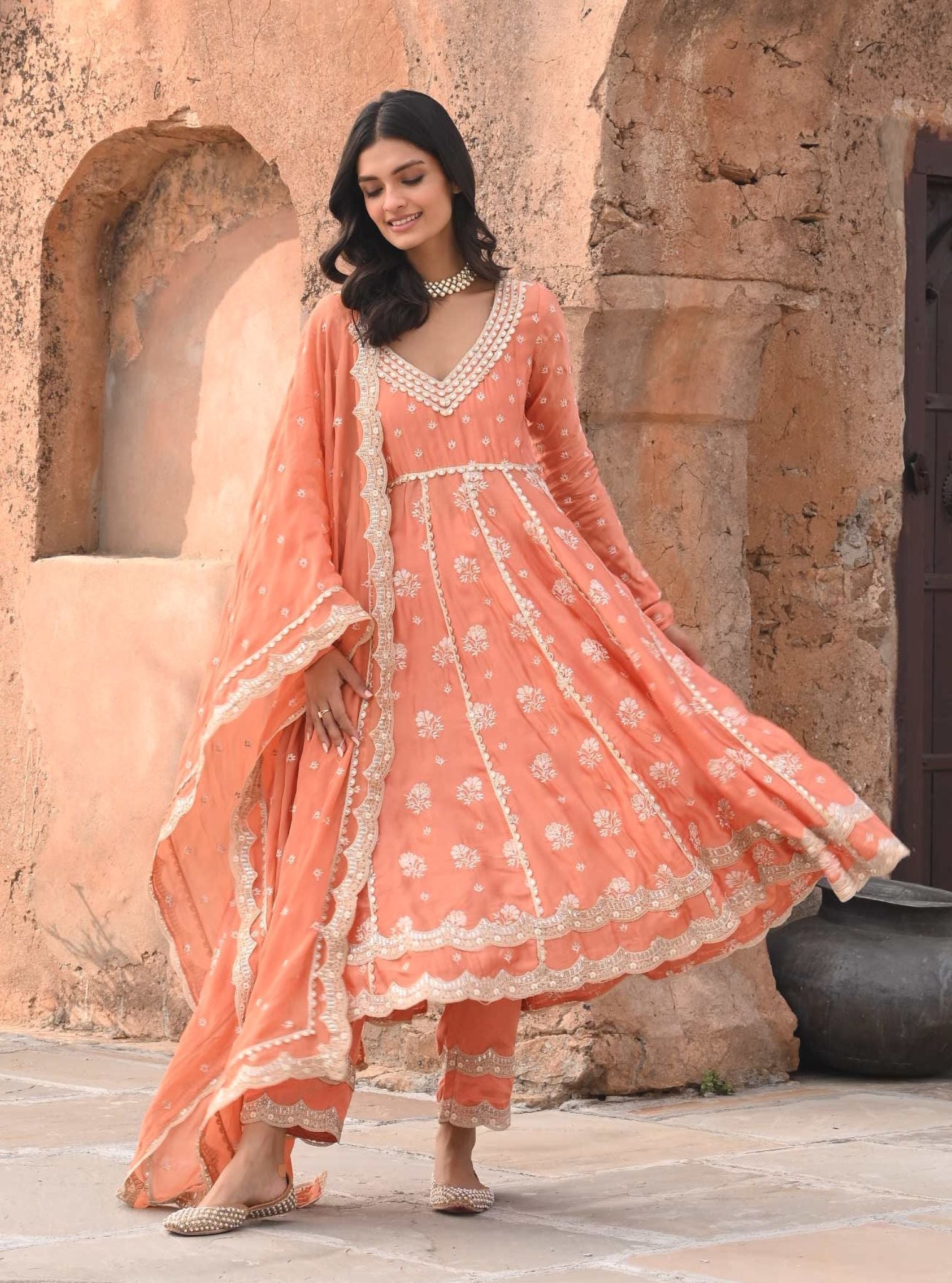 Tareefan Organza Satin Burnt Orange Anarkali Kurta Set