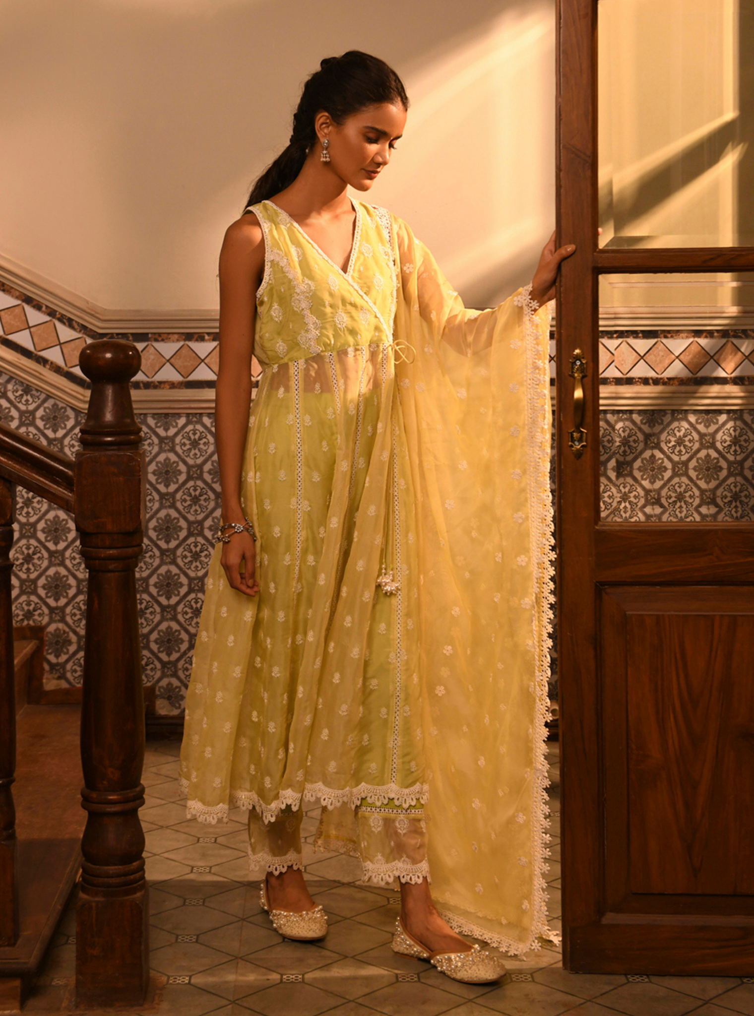 Badra Organza Lime Anarkali Set