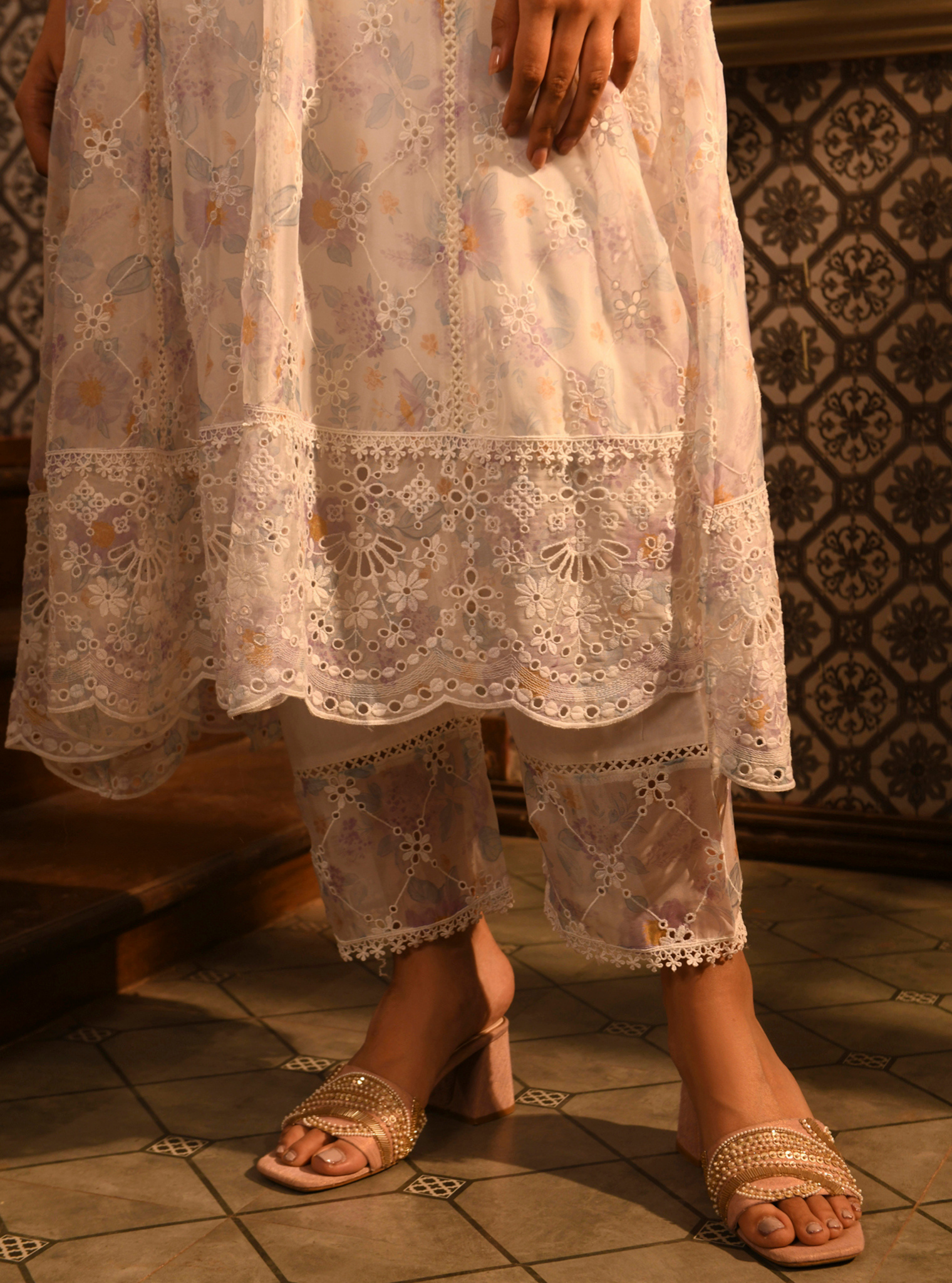 Idika Organza Printed White Anarkali Kurta Set
