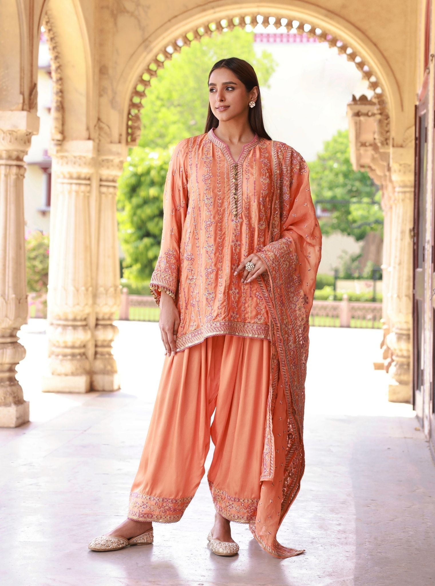 Pralika Bemberg Satin Orange Kurta With Farshi Salwar