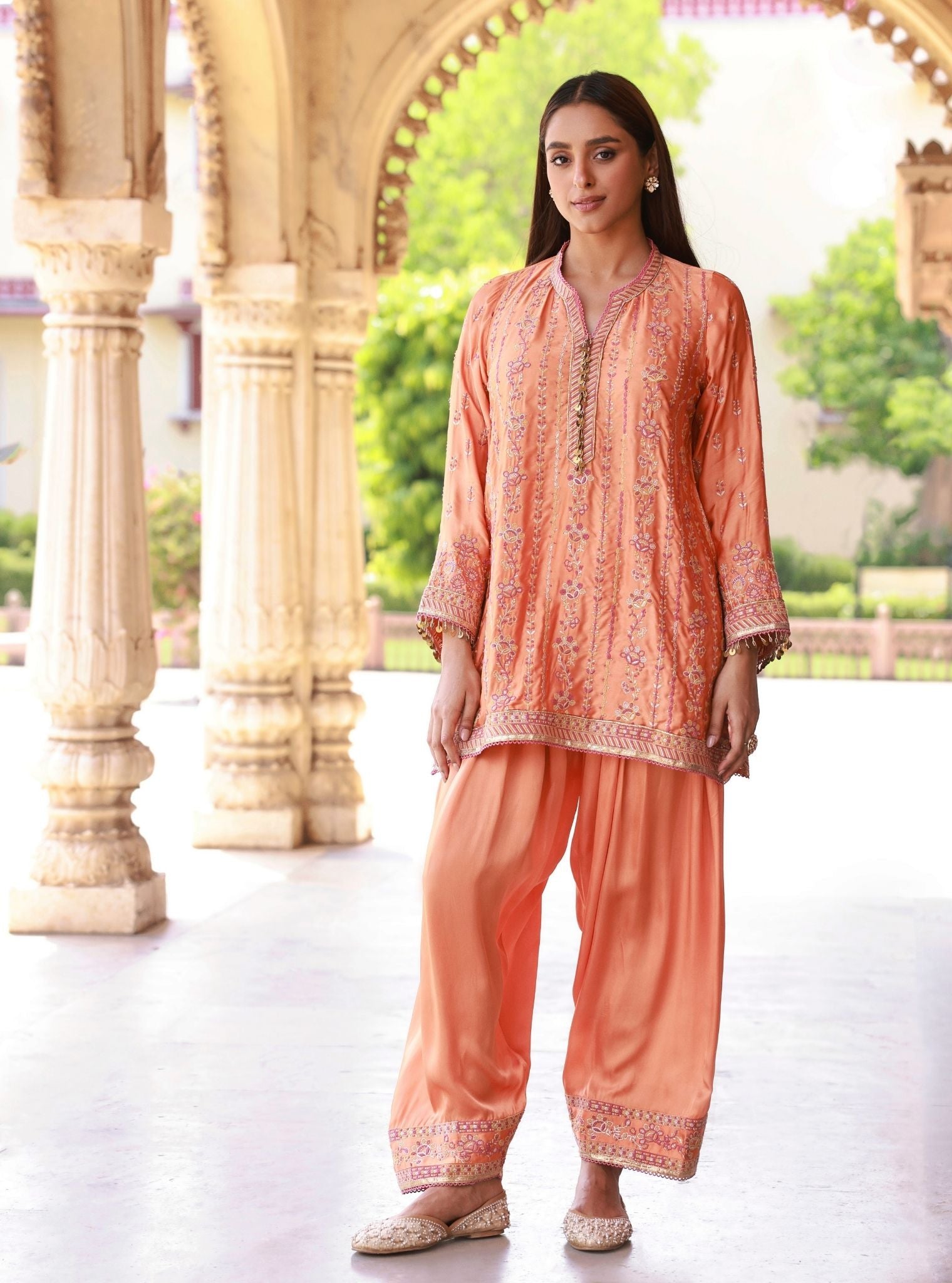 Pralika Bemberg Satin Orange Kurta With Farshi Salwar