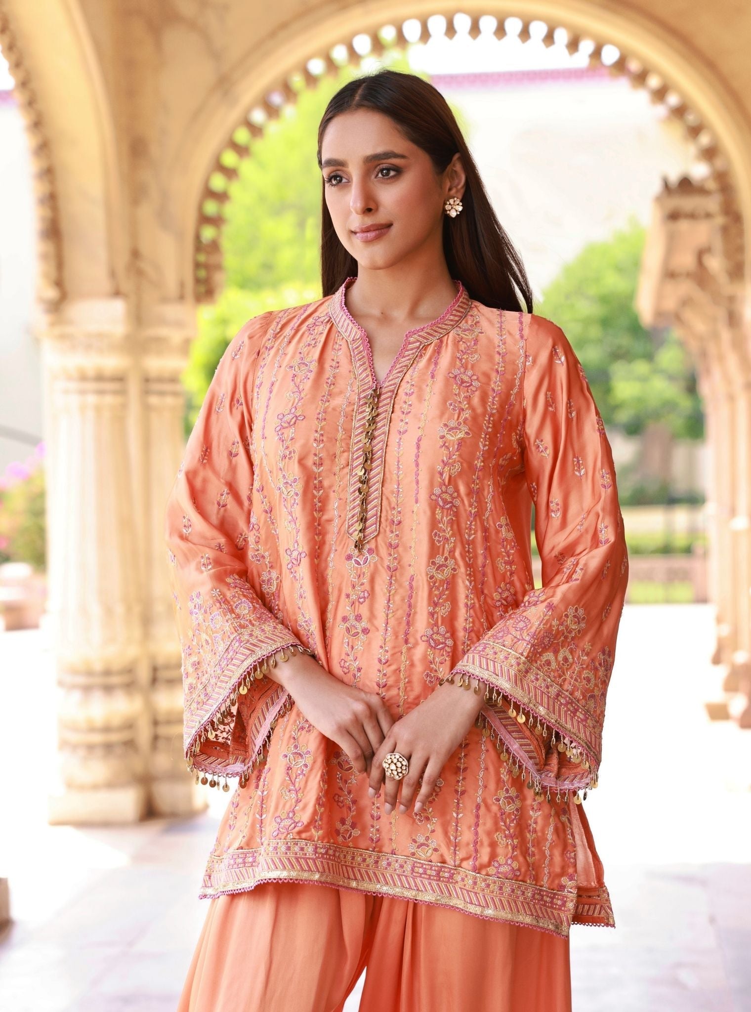 Pralika Bemberg Satin Orange Kurta With Farshi Salwar