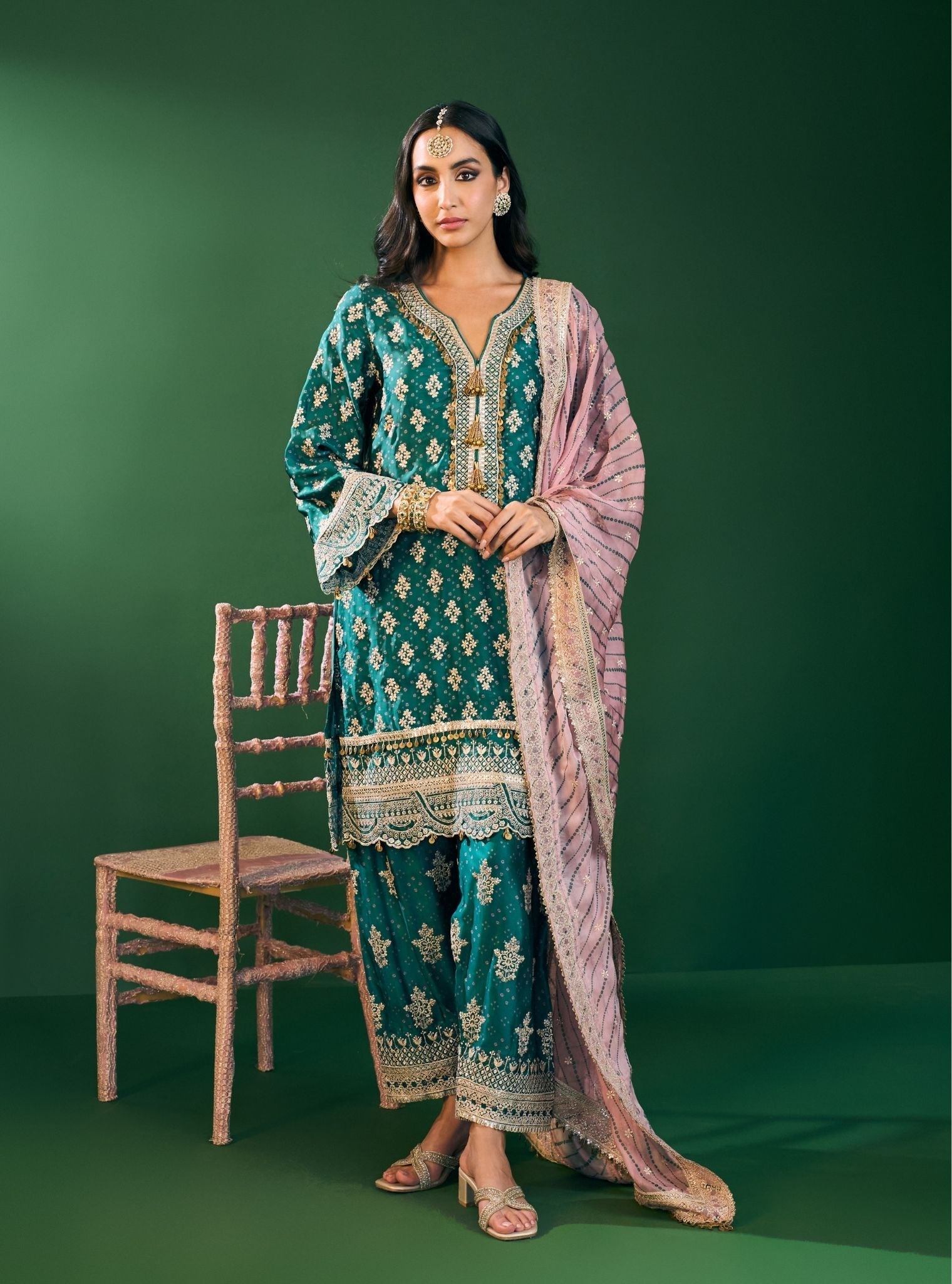 Elira Cupro Satin Emerald Green Kurta With Farshi Salwar